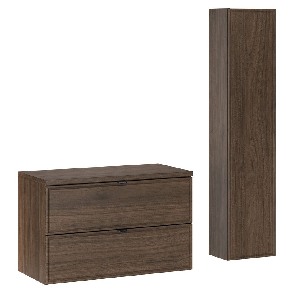 Lomadox Badmöbel-Set TEMUCO-56-WALNUT, (Spar-Set, 2-St., Waschtischunterschrank Hochschrank), in Walnuss mit Rahmenfräsung, wandhängend