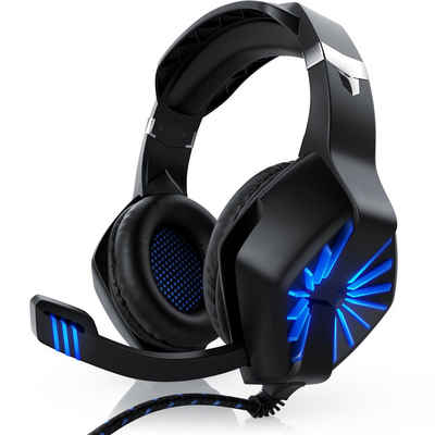 CSL Gaming-Headset (Blaue LED-Beleuchtung; Kopfbügel variabel verstellbar; Bietet kristallklaren Hoch-, Mittel- und Tieftonbereich + dynamische Basswiedergabe, USB Gaming Headset "GHS-102" mit Mikrofon - Kopfhörer für PC (Win XP/7/8/8.1/10), PS4/4 Pro)
