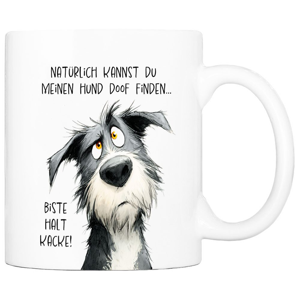 Cadouri Tasse 'Doof finden' Kaffeetasse mit Spruch - Geschenk für Hundefreunde, Keramik, mit Hundespruch, beidseitig bedruckt, handgefertigt, Geschenk, 330 ml