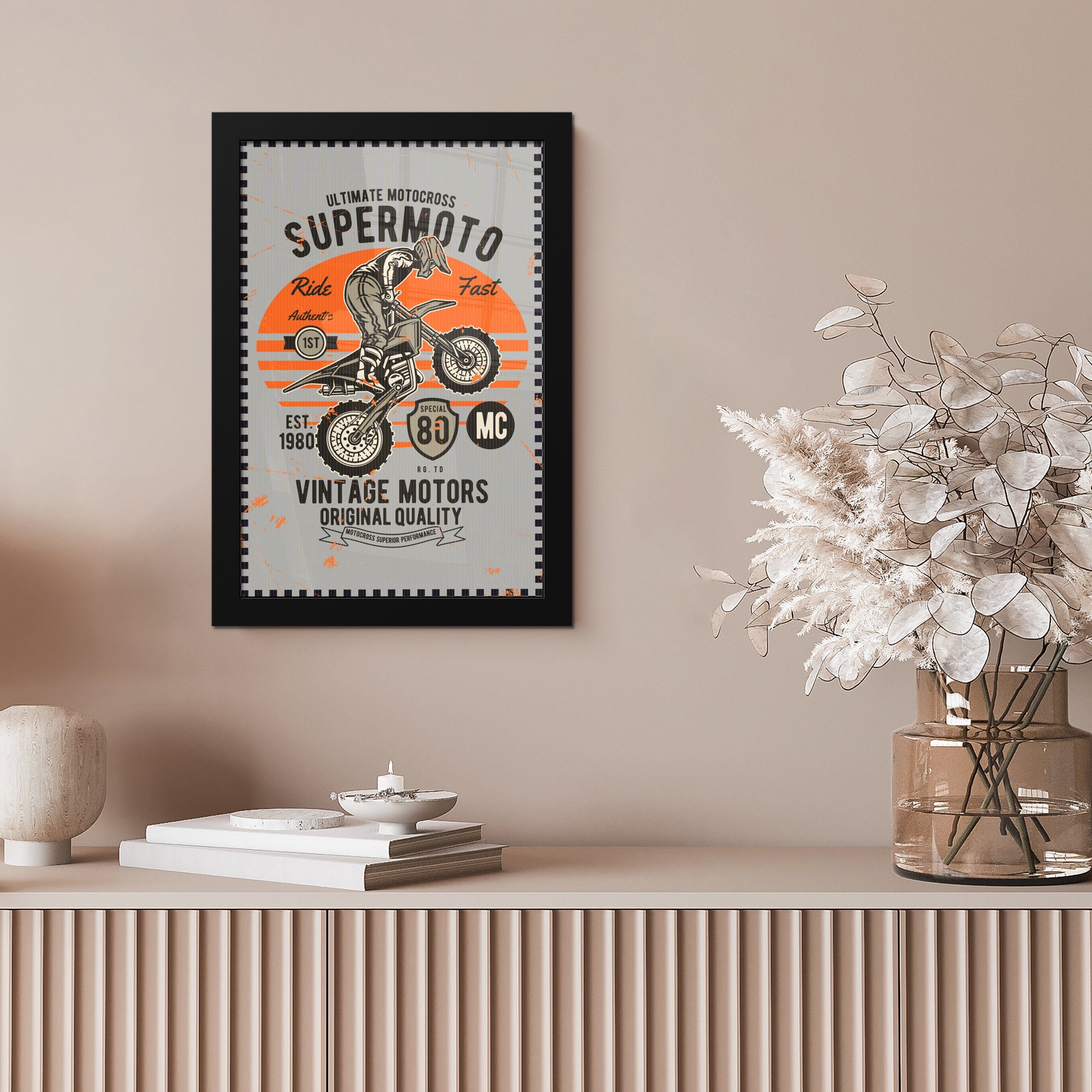 MuchoWow Schwarzem - Wanddeko, Mancave Gerahmtes Bilder, Motor Retro, Poster, Poster Bilderrahmen - St), Motocross (1 - Wandposter,