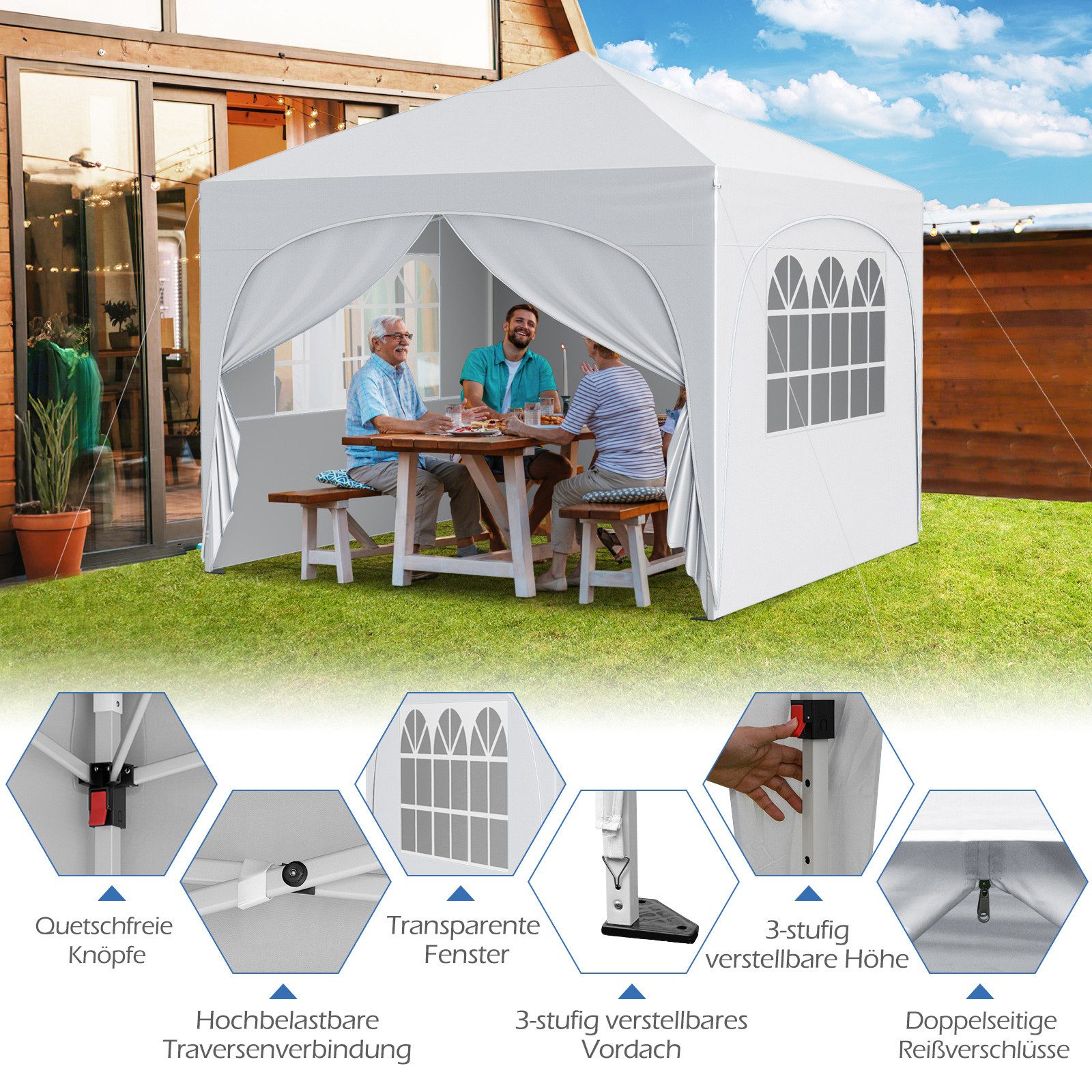 COSTWAY Faltpavillon 3x3x2,86m, Gartenzelt höhenverstellbarer, mit Rolltasche