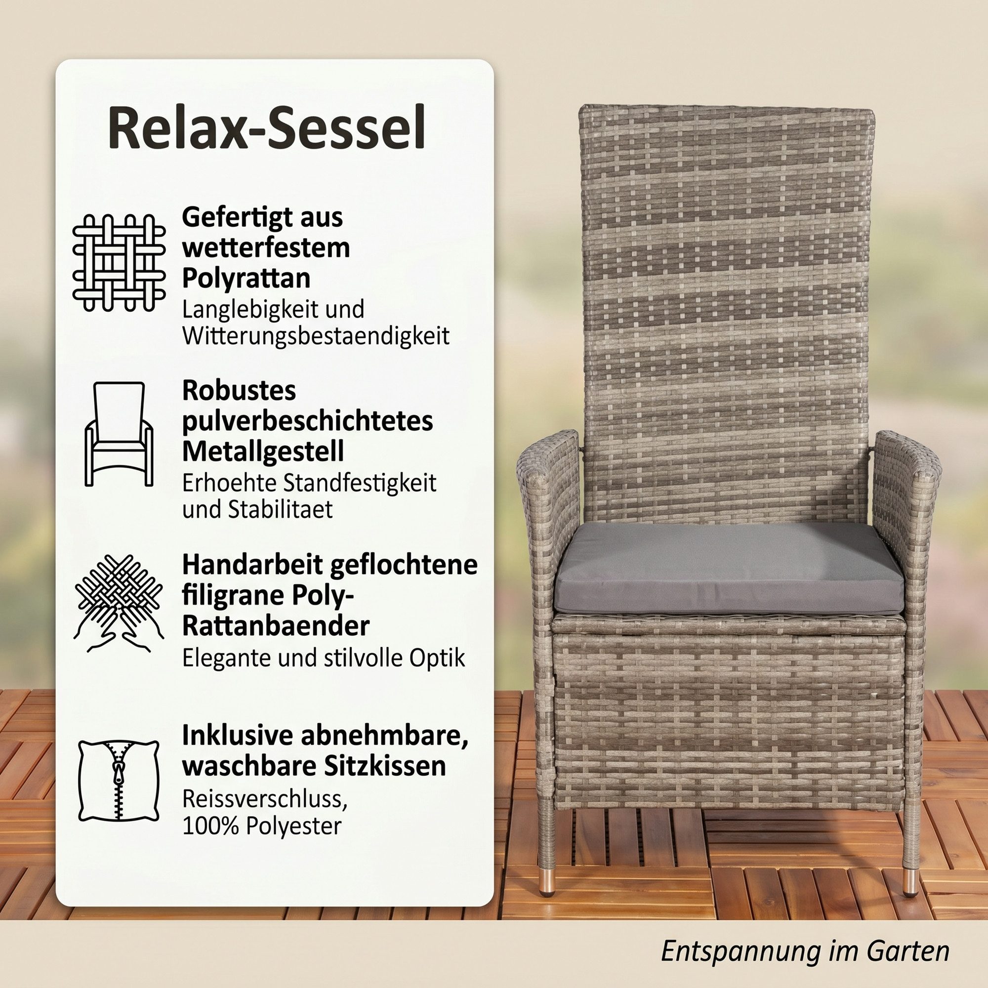 Mucola Rattanstuhl Verstellbarer Garten Relaxsessel Grau Polyrattan Gartenmöbel (Stück, 1 St), Verstellbare Rückenlehne