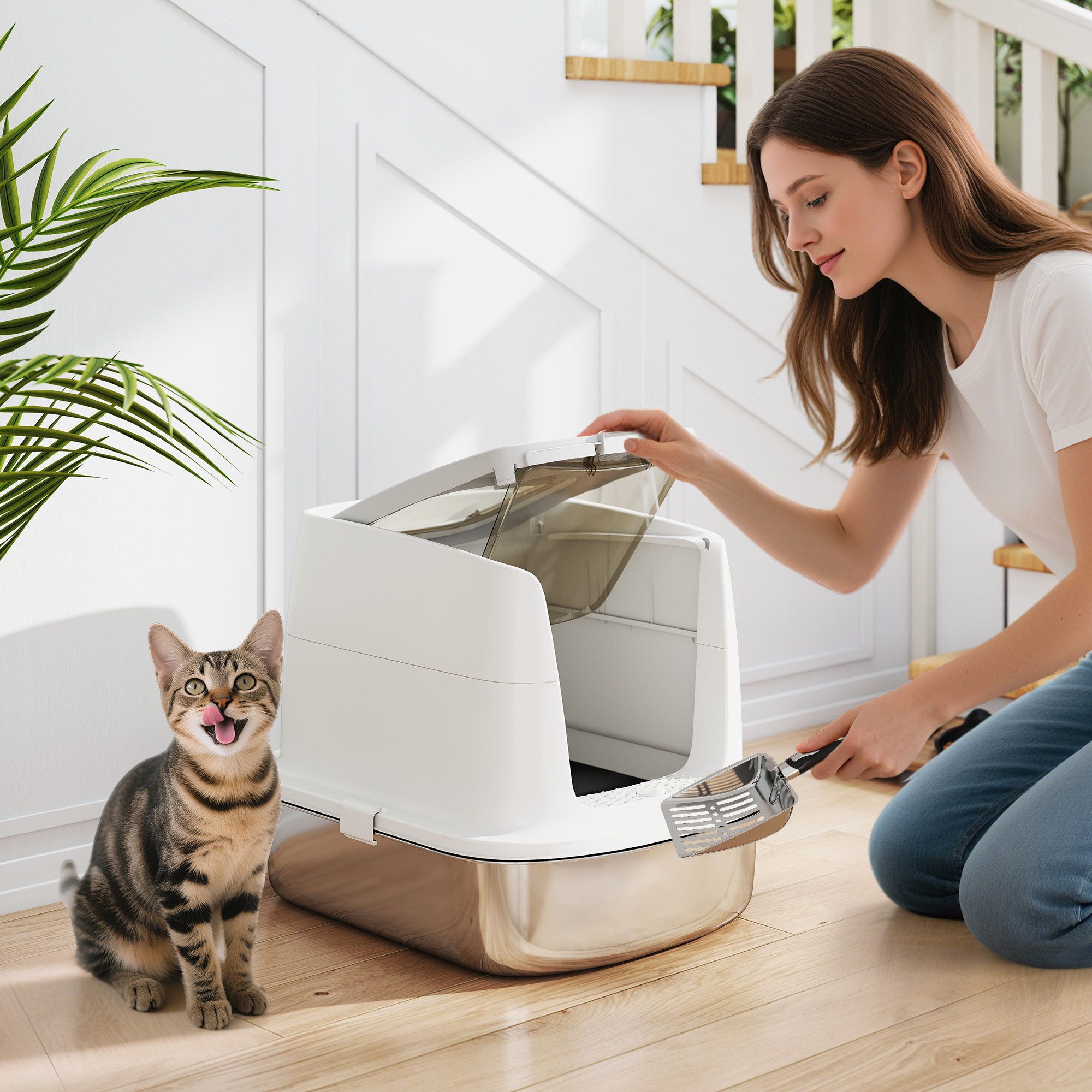 PawHut Katzentoilette Katzenklo Edelstahl mit Deckel XL mit Haube und Schaufel Tablett, für Katzen bis 5 kg, Weiß