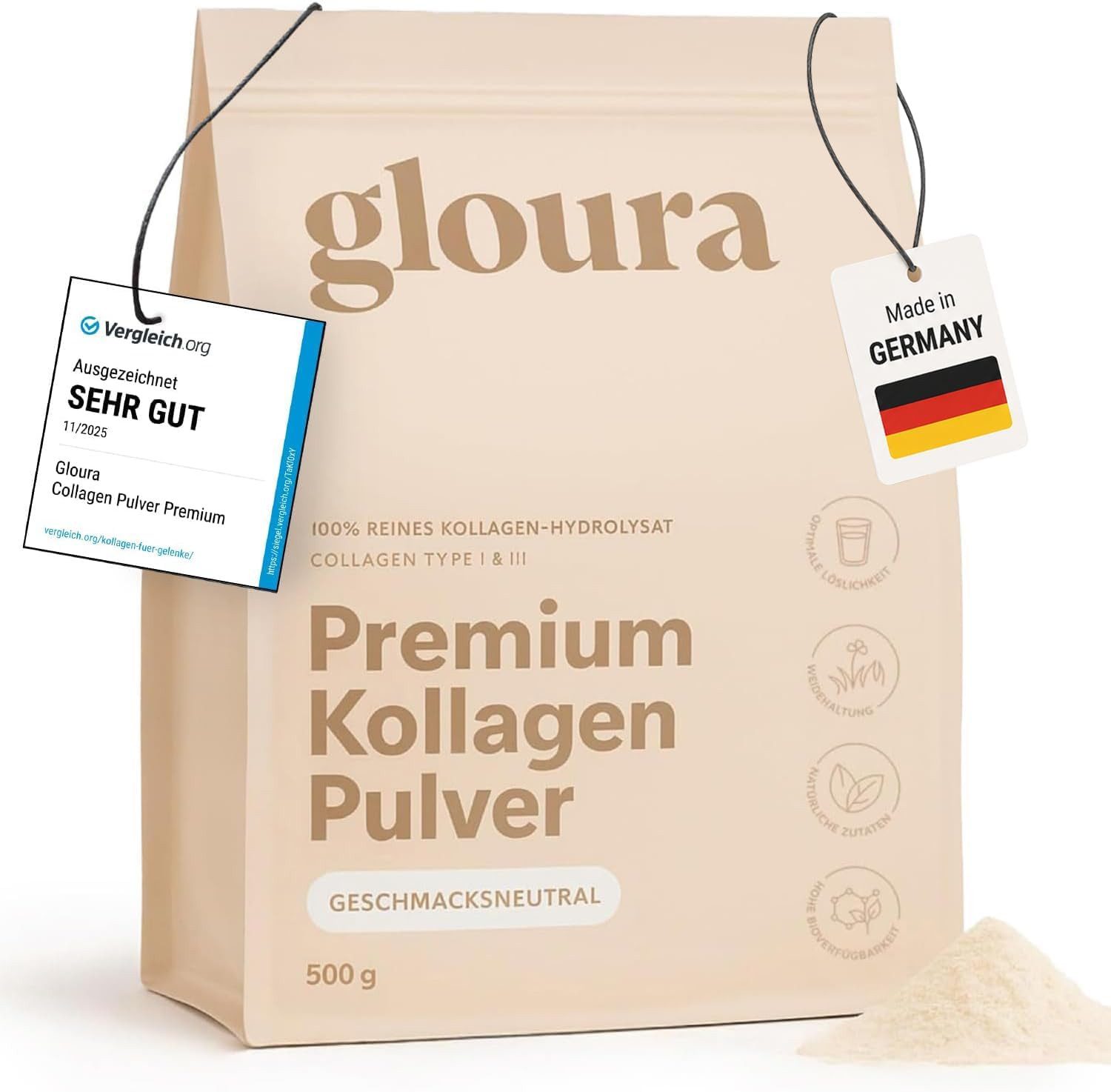 Gloura Gloura Premium Kollagen Hydrolysat Pulver (Typ 1 & 3) Pulver, 1 er 500 g, Frei von Zusatzstoffen, geschmacksneutral, gut löslich