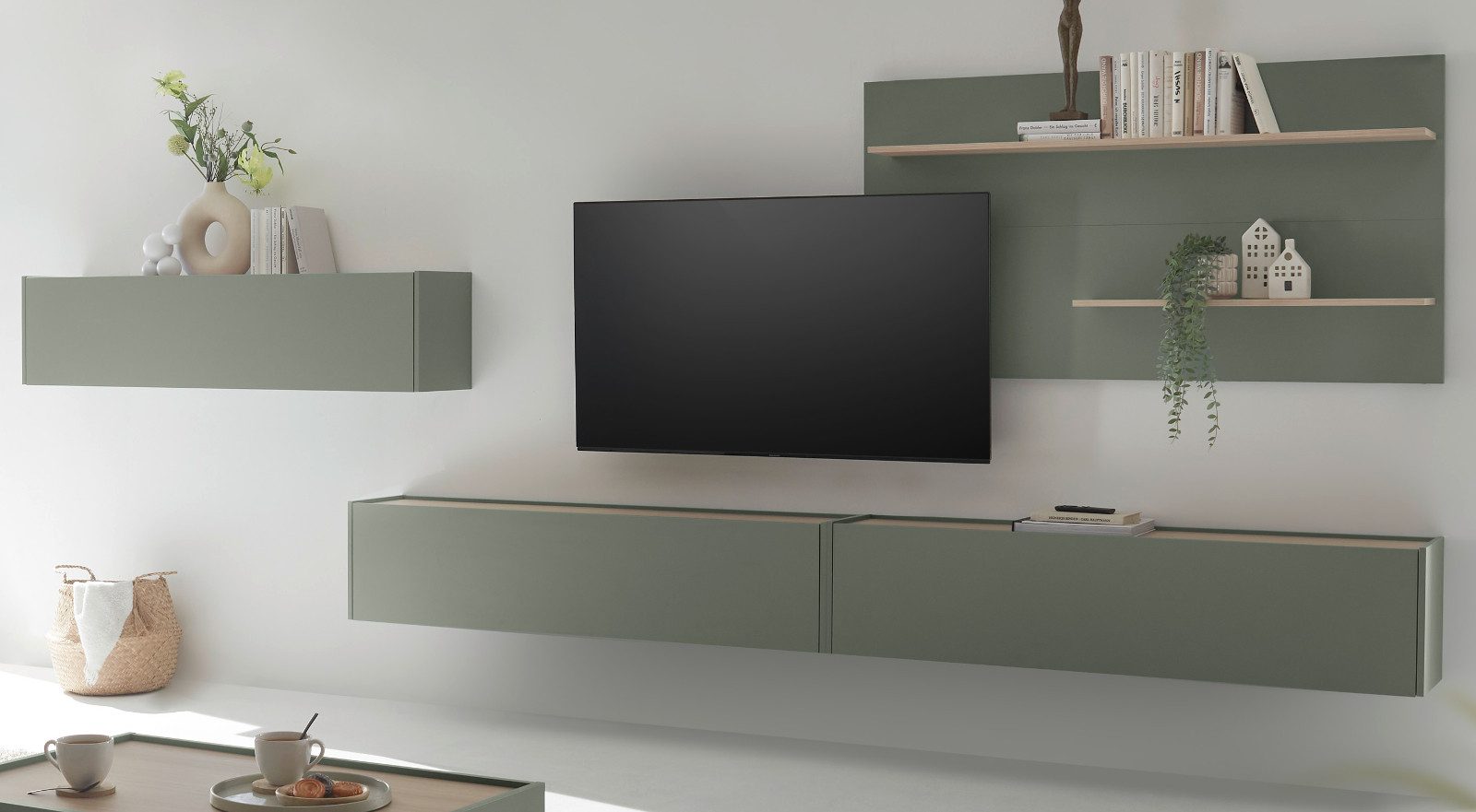 Furn.Design Wohnwand Center, (Set, 4-teilig in Salbei und Eiche), mit großem TV Lowboard