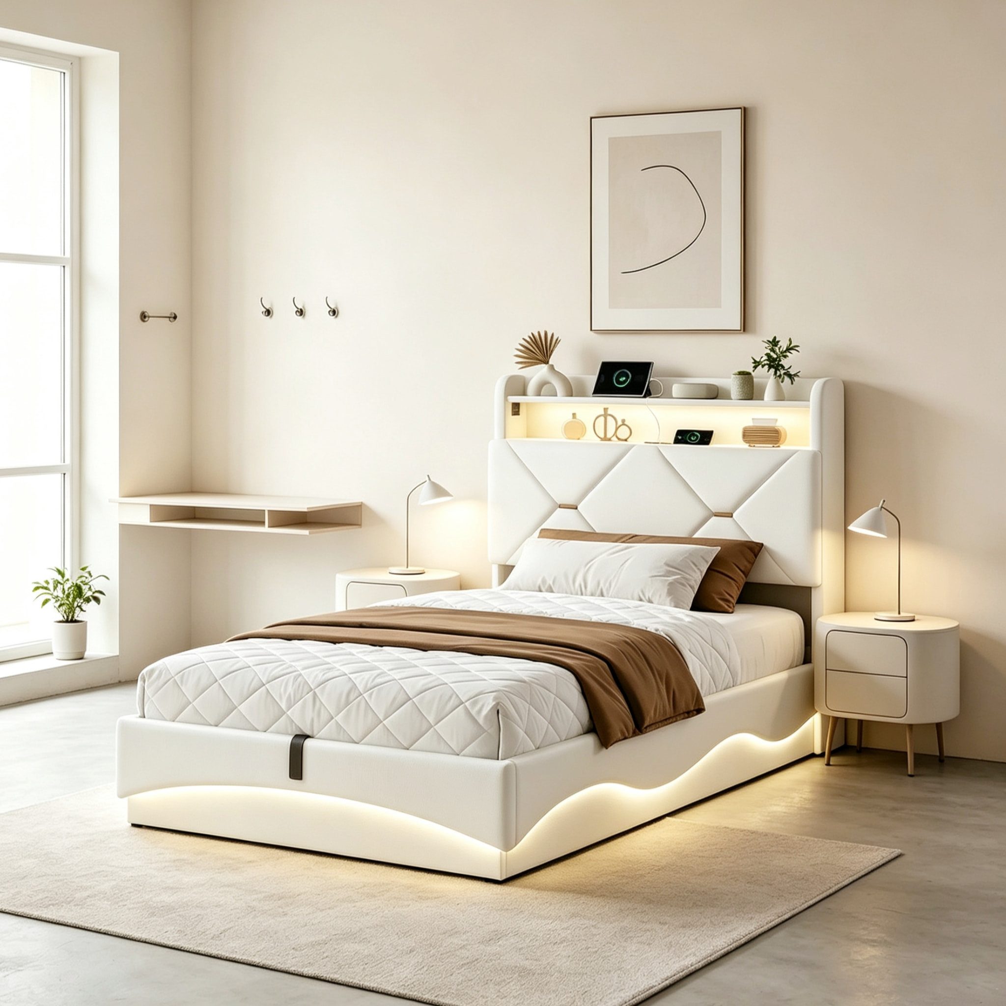 Simurq Polsterbett Samtbett 90x200, mit Bettkasten, LED-Beleuchtung und USB (1 tlg, ohne Matratze, Mit Lattenrost), Einzelbett mit Gaslift, Wellenoptik, Kopfteil mit Ablage, Beige