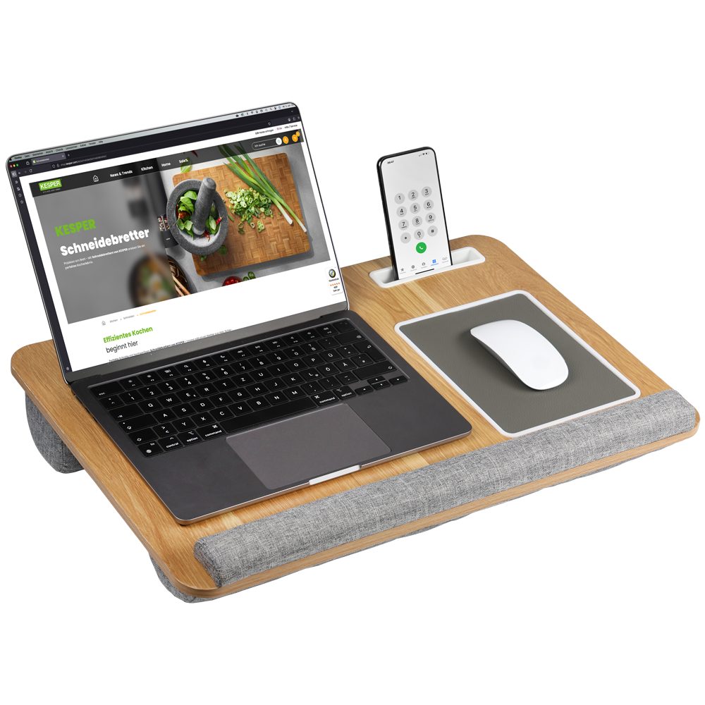 KESPER® Laptop Tablett Laptop-Knietablett, MDF, FSC, MDF, Sperrholz, (1-tlg), integriertes Mauspad, Handyfach und Stoffgriff