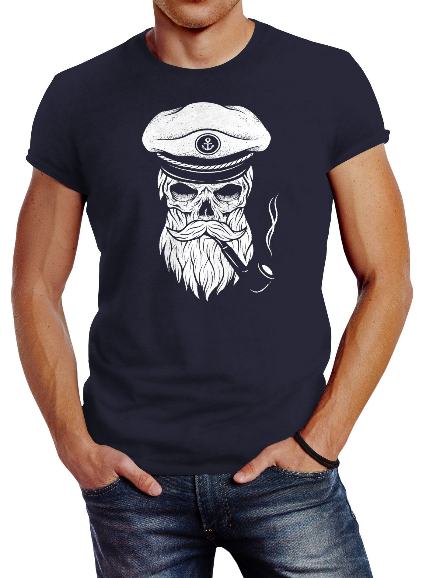 Neverless Print-Shirt Herren T-Shirt Totenkopf Kapitän Captain Skull Hipster Slim Fit Neverless® mit Print navy