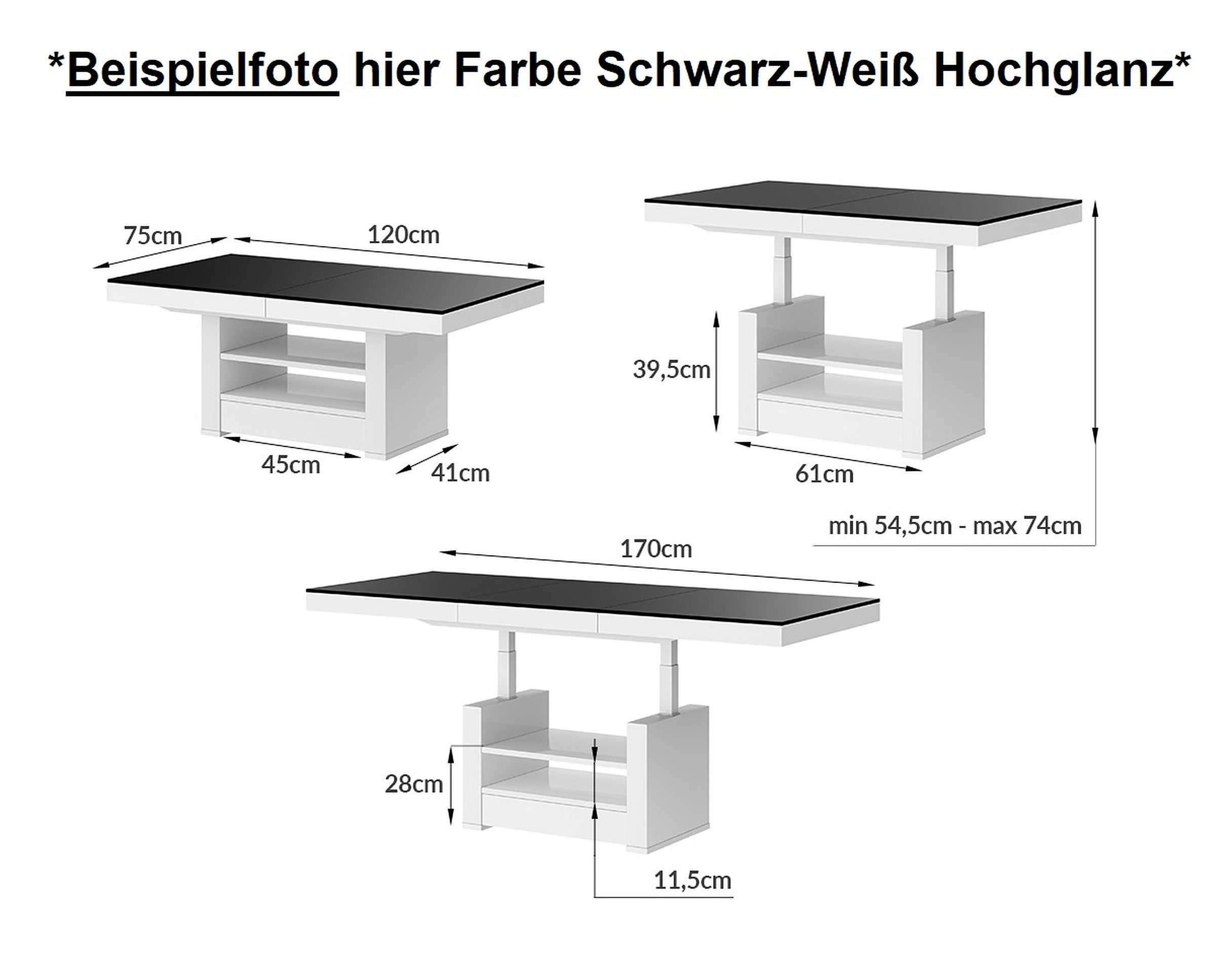 Weiß Hochglanz Cappuccino Couchtisch / HLM-111 ausziehbar höhenverstellbar designimpex