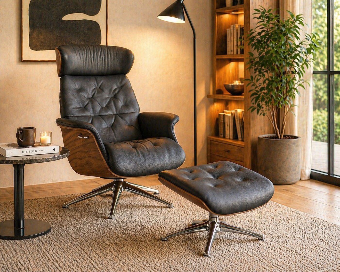 FLEXLUX Relaxsessel Volden Fernsehsessel, verstellbarer Rücken- & Kopfstütze, drehbar, Rücken- und Kopfteilverstellung, Drehbar, Fuß Alu, Armlehne Walnuss