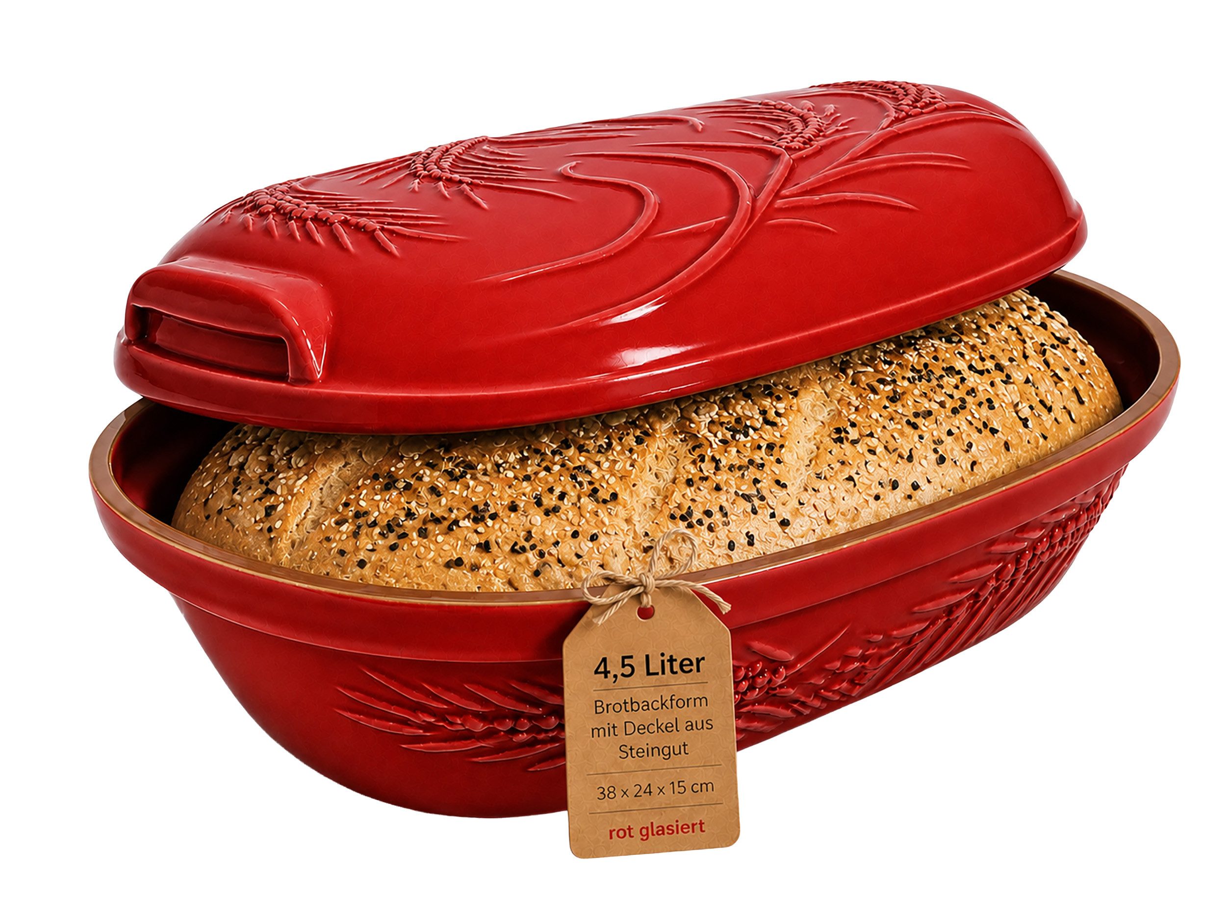 KERAZO Brotbackform 4,5L Keramik Bräter mit Deckel Brottopf Auflaufform 38x24x15 cm, rot, Mit dekorativem Getreidemuster auf Deckel und Unterteil