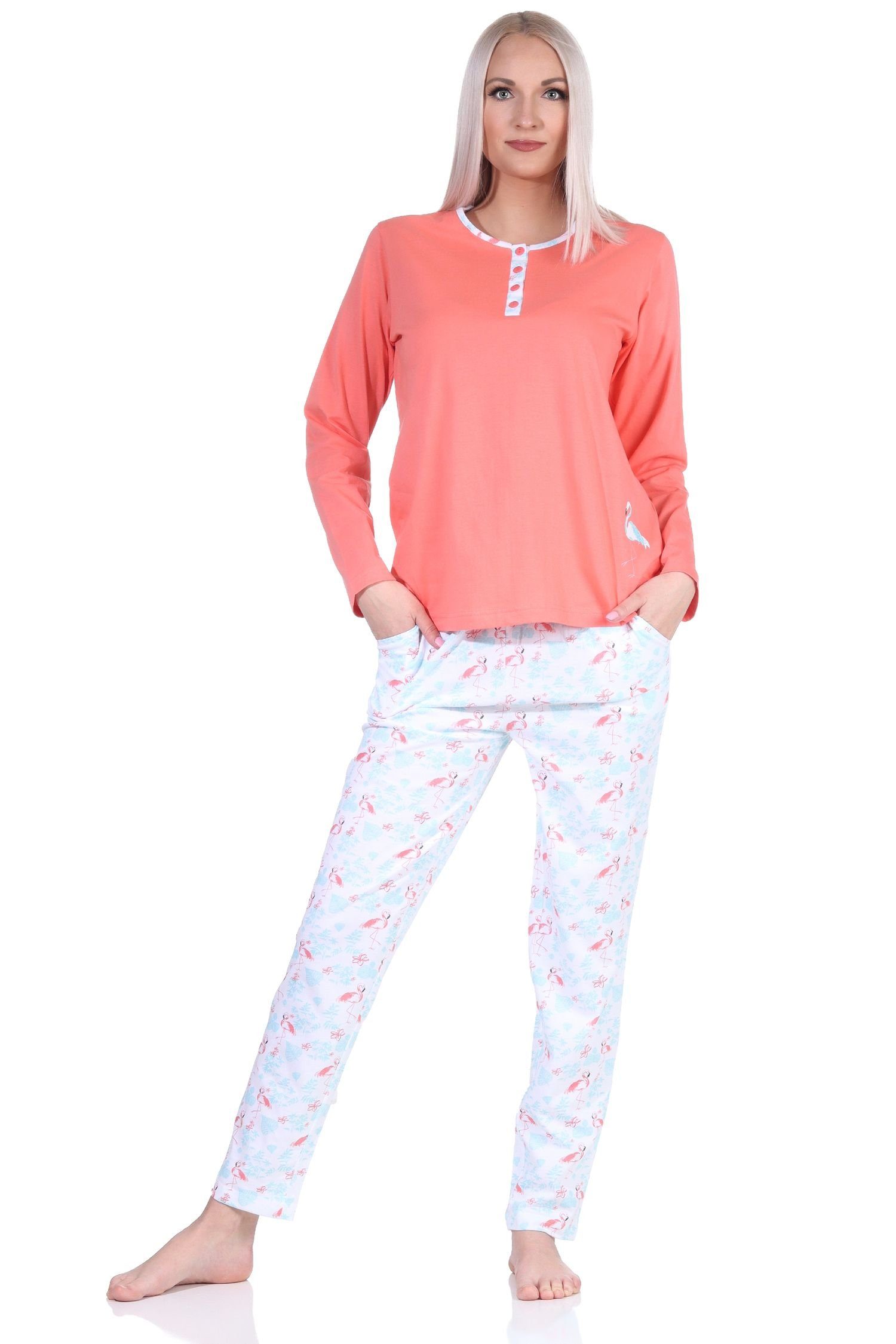 Normann Pyjama »Eleganter Damen Schlafanzug langarm Pyjama mit Flamingo  Motiv und Knopfleiste am Hals« online kaufen | OTTO