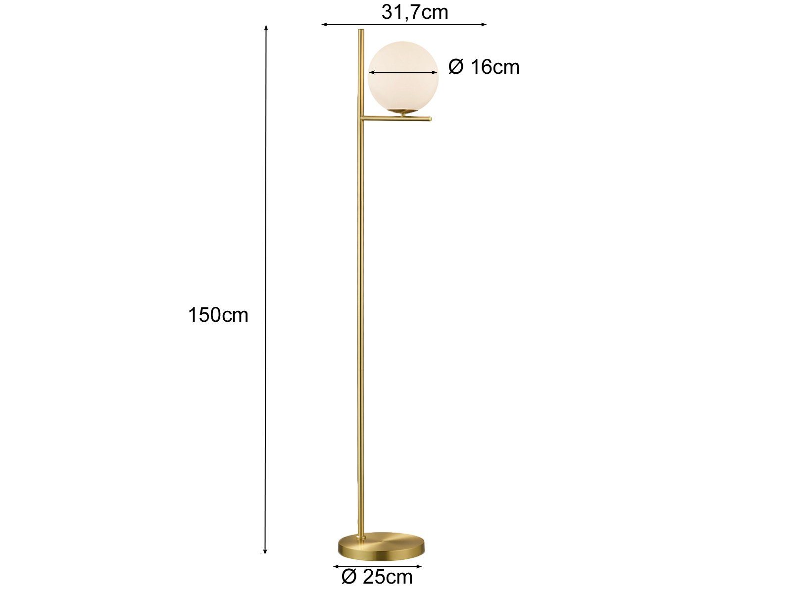 meineWunschleuchte Warmweiß, Weiß LED / Dimmfunktion, dimmbar-e Lampenschirm LED matt H: 150cm mit moderne Stehlampe, gold-en, Messing Glas-Kugel wechselbar,