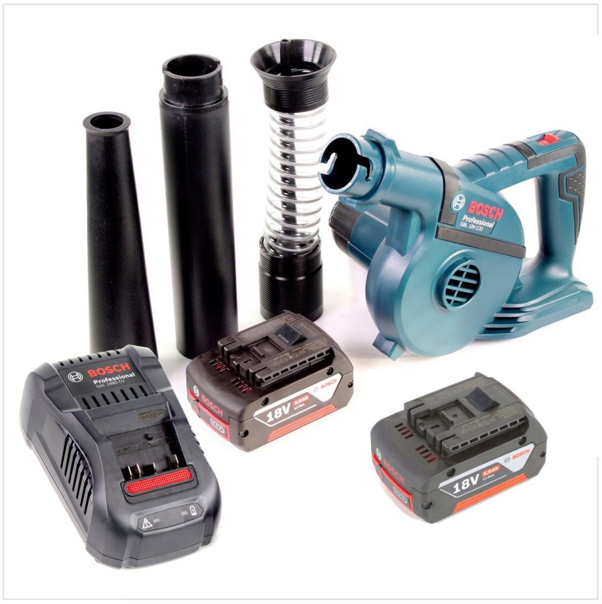 Bosch Professional Akku-Laubbläser GBL 18 V-120 Akku Gebläse Laubbläser mit 2x Bosch GBA 18V 5,0 Ah Akku