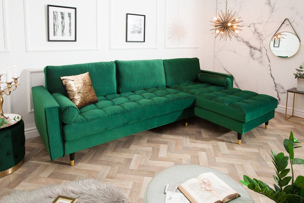 1 Wohnzimmer · Kissen / inkl. Couch VELVET Federkern L-Form smaragdgrün · Barock gold, 260cm Ecksofa · Samt Teile, Einzelartikel schwarz · COZY riess-ambiente ·