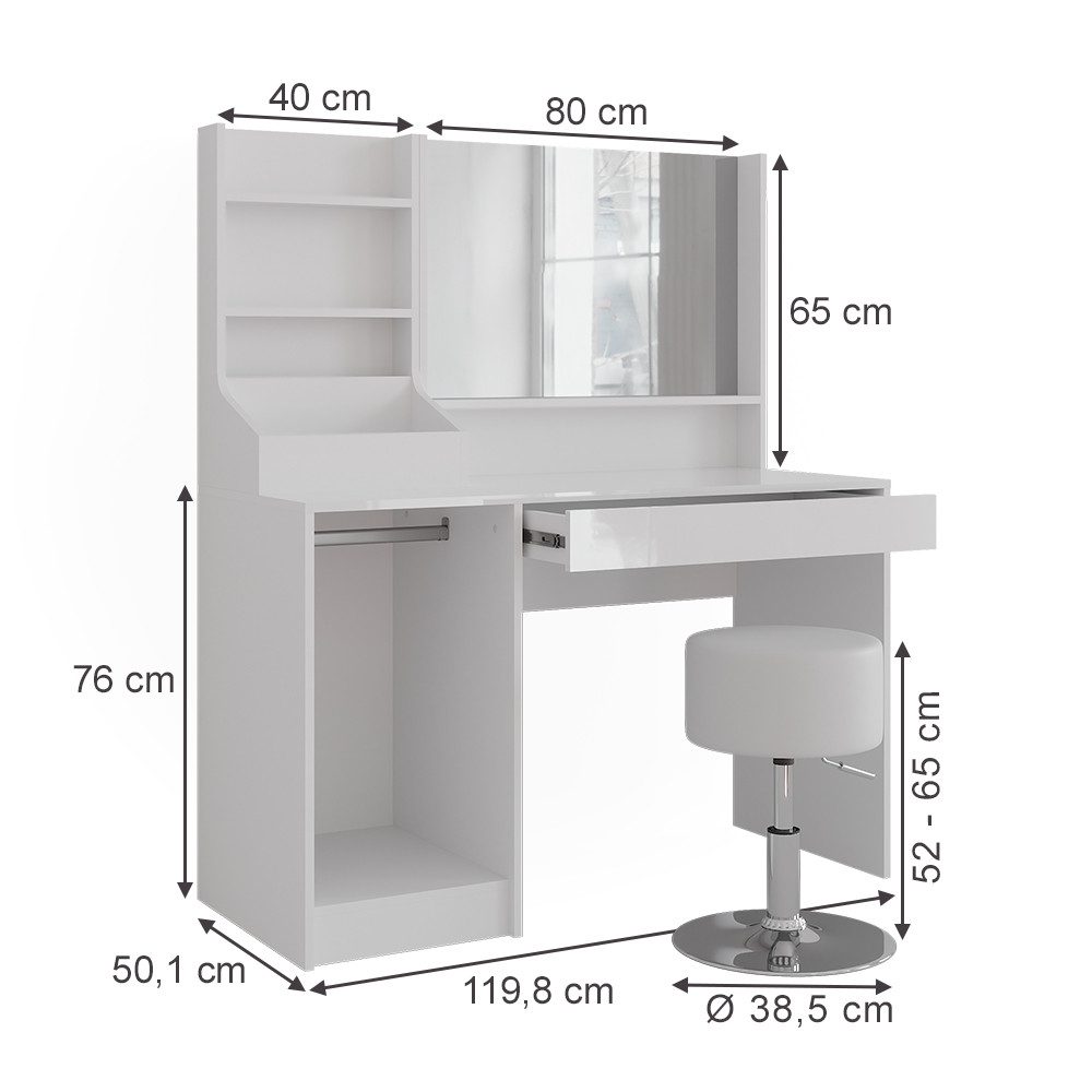 Vicco Schminktisch Sherry, Weiß/Weiß Hochglanz, 119.8 cm 4 Teile (2-St)