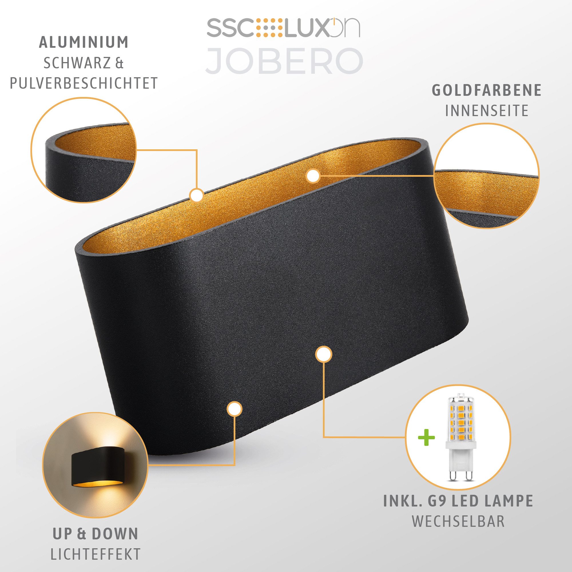 SSC-LUXon LED Wandleuchte Wandleuchte JOBERO schwarz gold Up Down mit G9 LED warmweiß, Warmweiß
