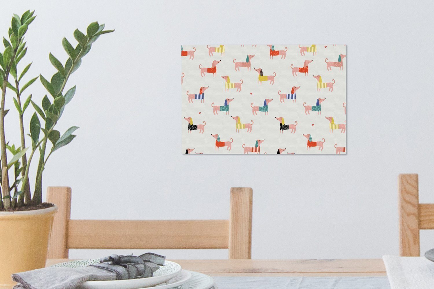 OneMillionCanvasses® Leinwandbild Hund Illustration einem Wanddeko, auf Wandbild St), mit Aufhängefertig, (1 30x20 cm Dackel Hintergrund, Leinwandbilder, weißen