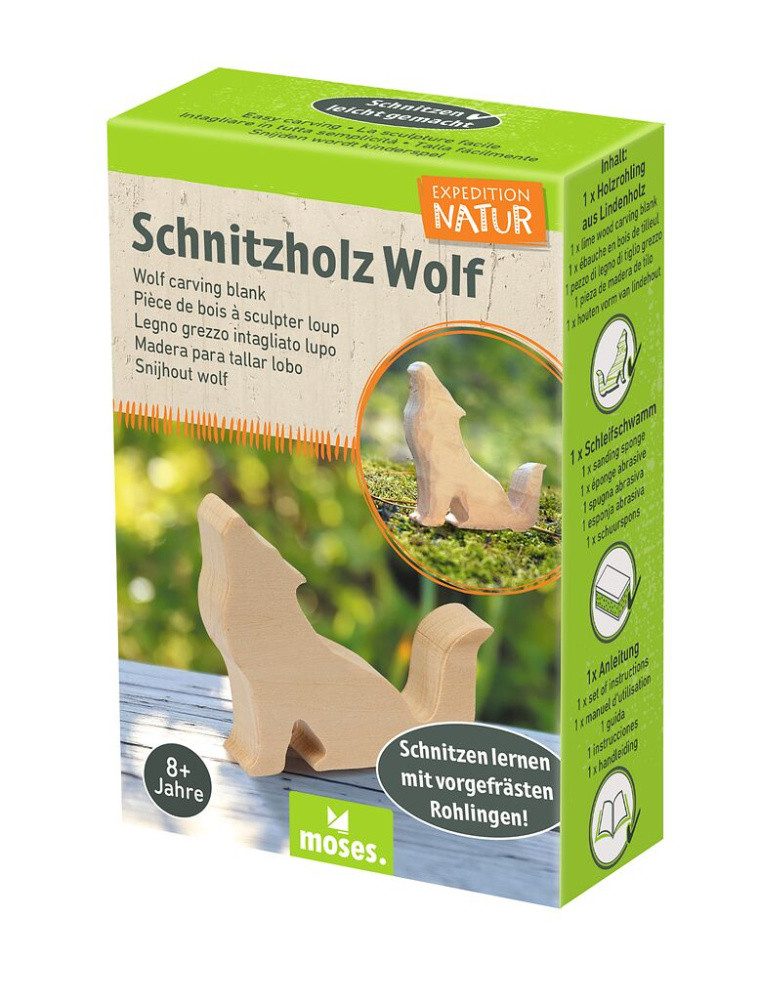 Moses. Verlag Tierfigur Wolf, Schnitzholz zum Schnitzen, inkl. 1 Schleifschwamm, für Kinder
