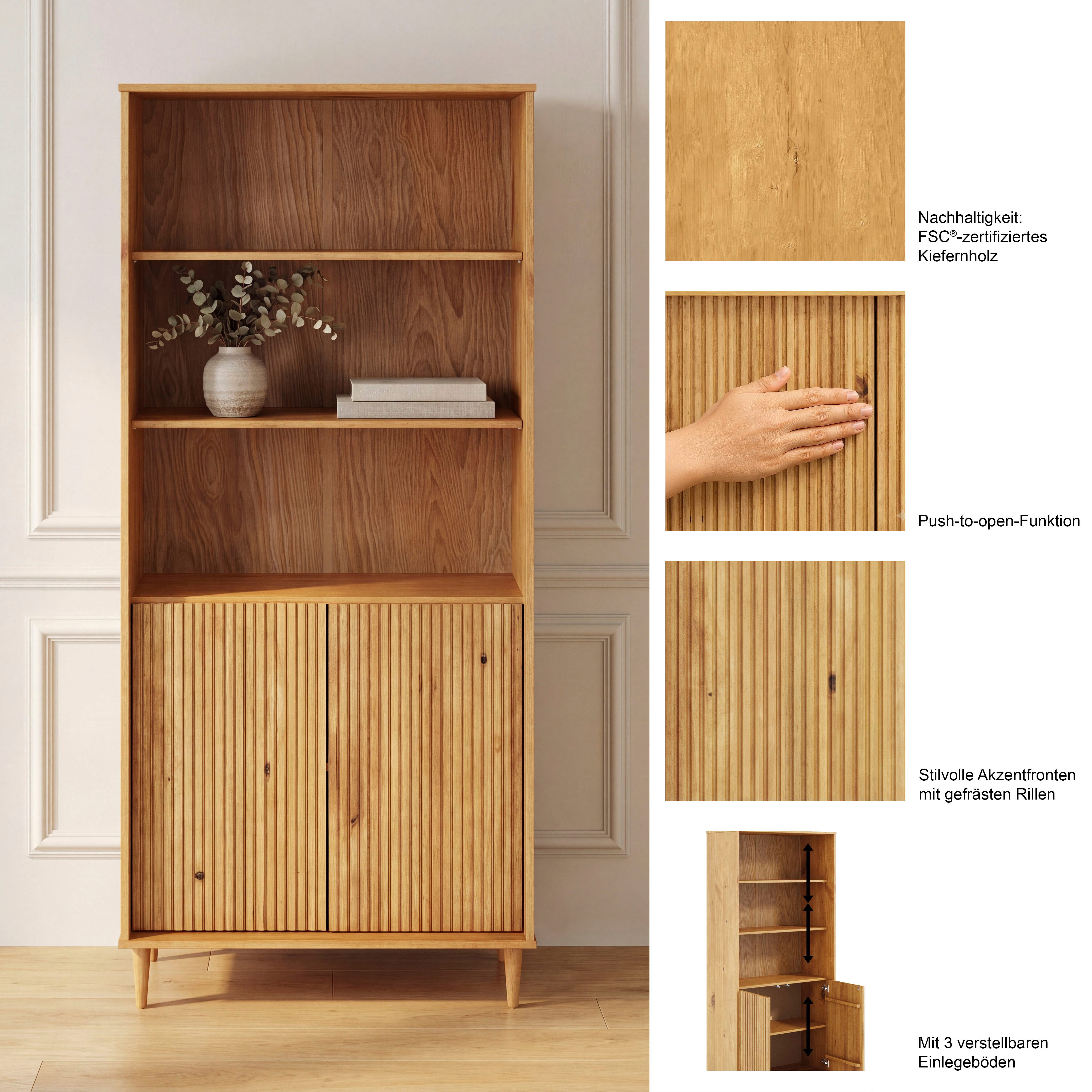 OTTO home Bücherregal Malmedy Front mit gefrästen Rillen, Bücherschrank aus massivem Kiefernholz, Push-to-open, FSC, B: 80 cm – Bild 3 von 5