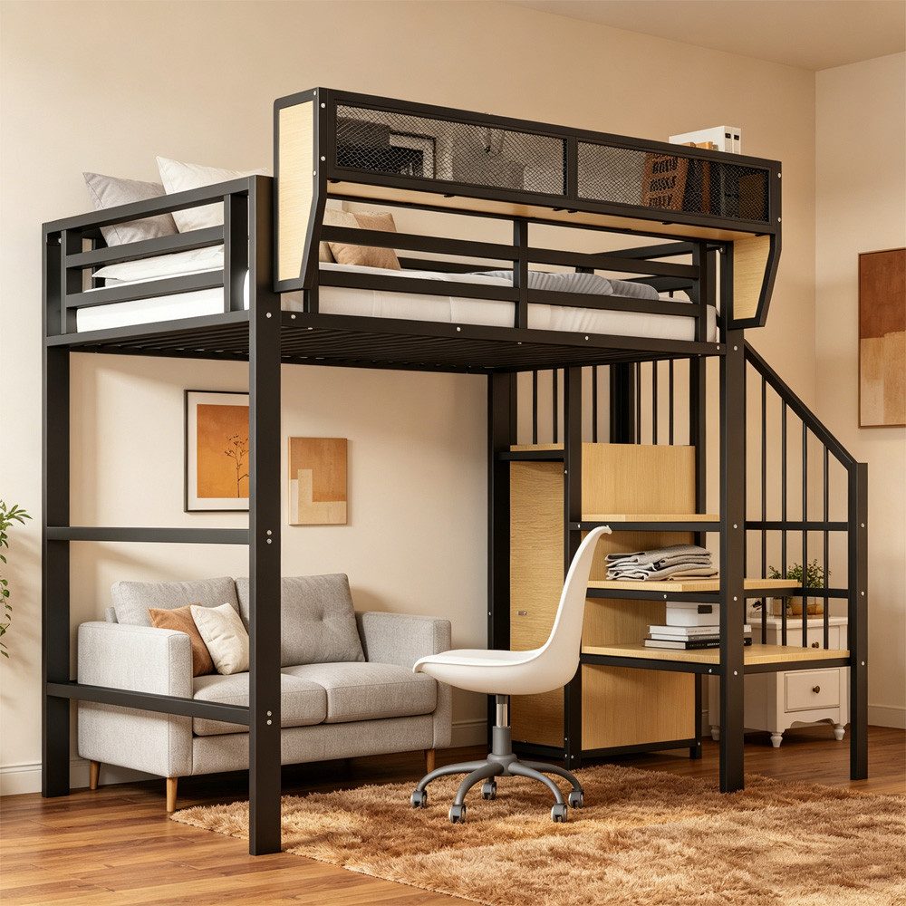 MODFU Hochbett Funktionsbett Kinderbett (90x200 cm mit Regal & Sicherheitsleiter, Platzsparendes Metallbett, für Kinder, Jugendliche & kleine Wohnungen) ohne Matratze