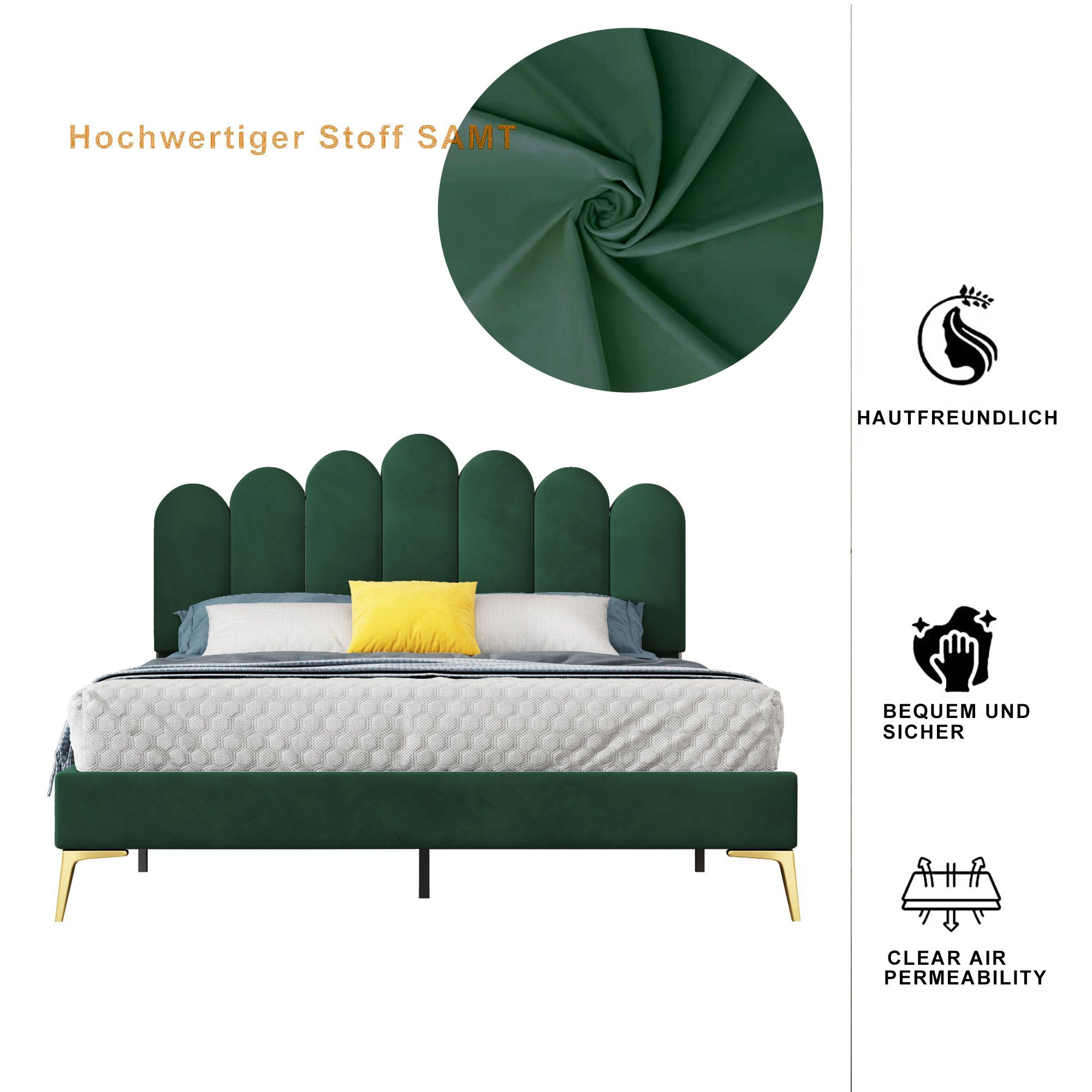 Polsterbett (Doppelbett 140 x 200 cm, ohne Matratze), mit Finger-Form & Verstellbares Kopfteil und Lattenrost, Samtstoff