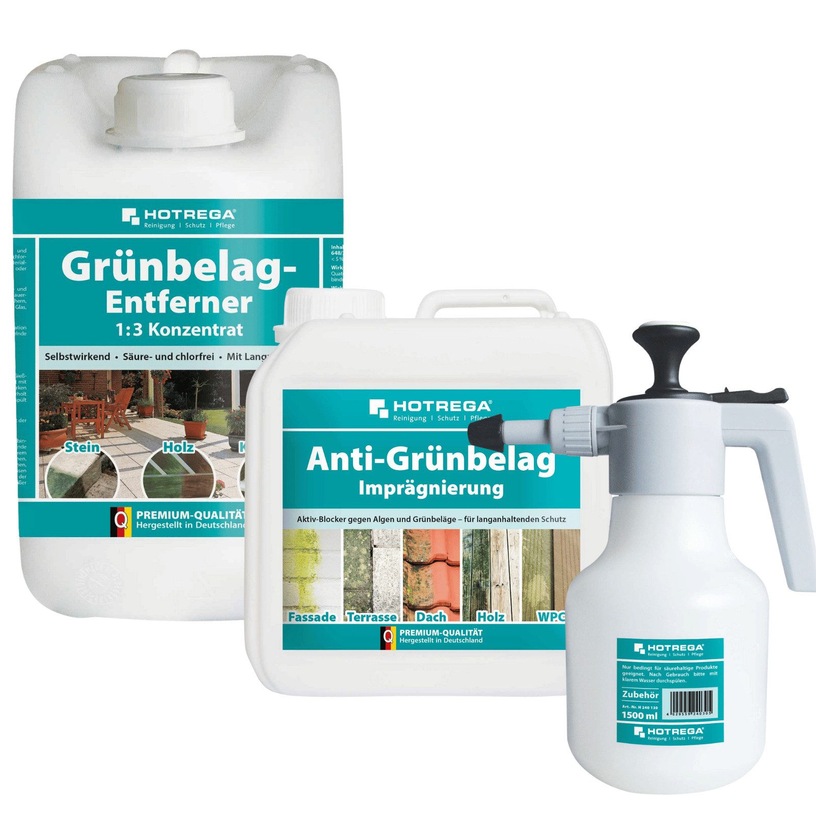 Grünbelagentferner SET + Anti Grünbelag-Imprägnierung + Druckspritze Reinigungskonzentrat