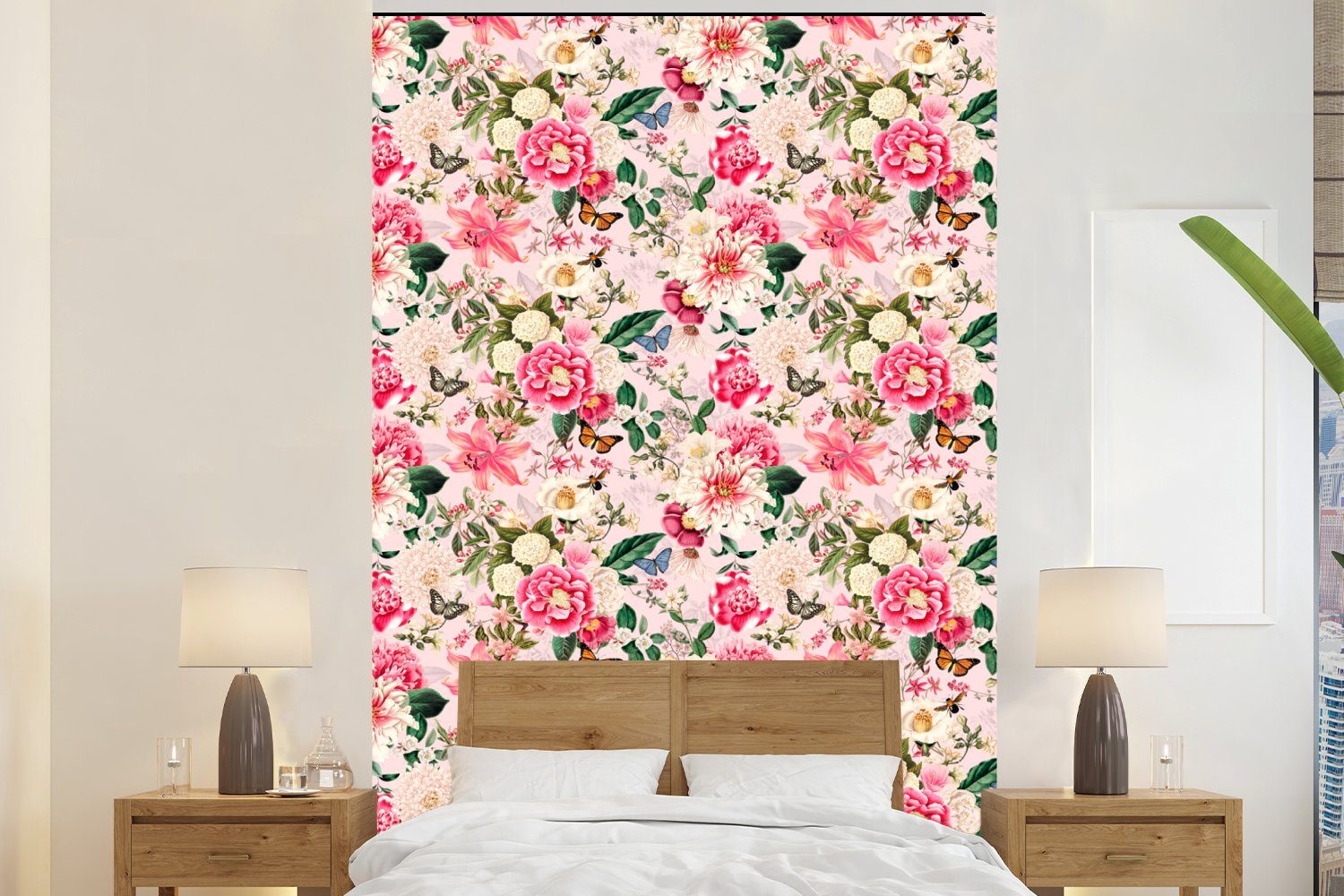 MuchoWow Fototapete Blumen - Rosa - Muster, Matt, bedruckt, (3 St), Montagefertig Vinyl Tapete für Wohnzimmer, Wandtapete