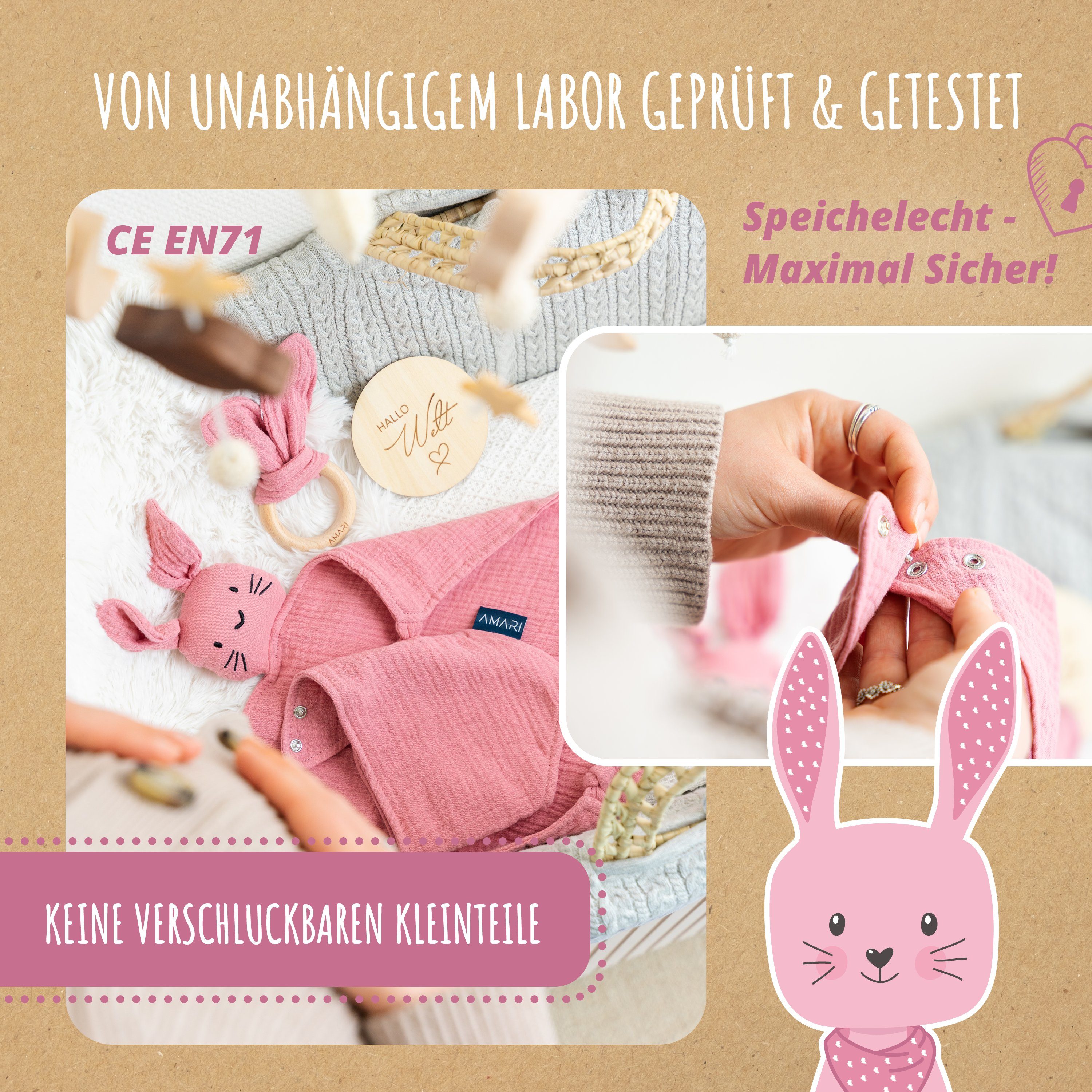 Amari Schmusetuch AMARI ® Schmusetuch Hase mit Beißring und Lätzchen