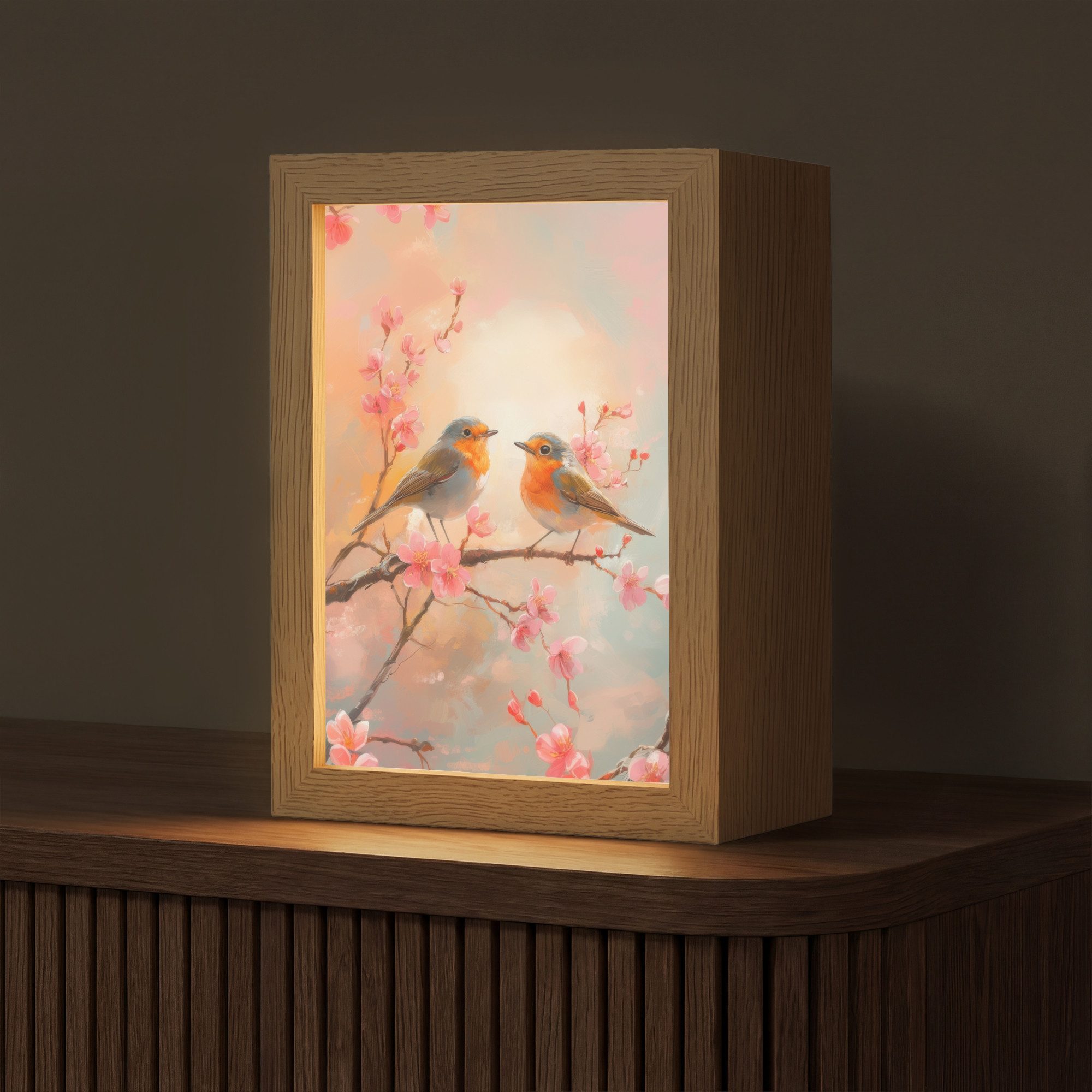 OnlyWow Tischleuchte Lightbox Rotkehlchen - Zierpflanze - Blütenzweig, Dimmbar, Farbwechsel, LED, Warmweiß, Kaltweiß, Neutralweiß Einstellbar, Tischlampe, Schreibtischlampe, Desk, Dimmbar, mit Kabel, LED