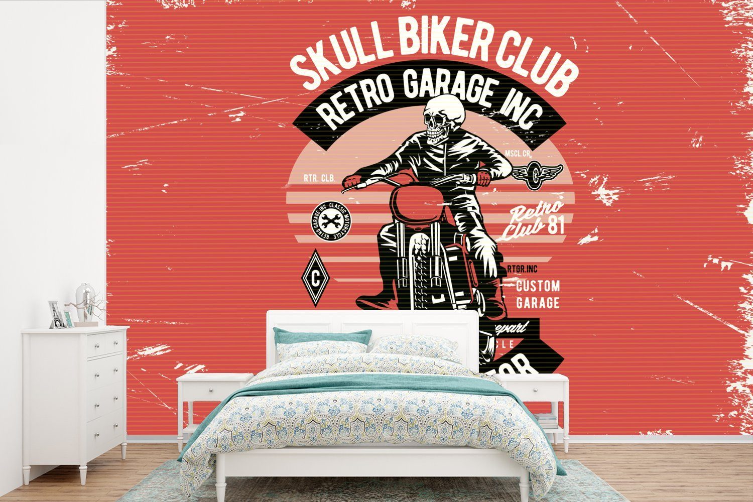 Kinderzimmer, Fototapete - Motorrad - - Wallpaper (6 Tapete Vinyl Skelett MuchoWow St), Kleidung für Retro, Schlafzimmer, bedruckt, Matt, Wohnzimmer,