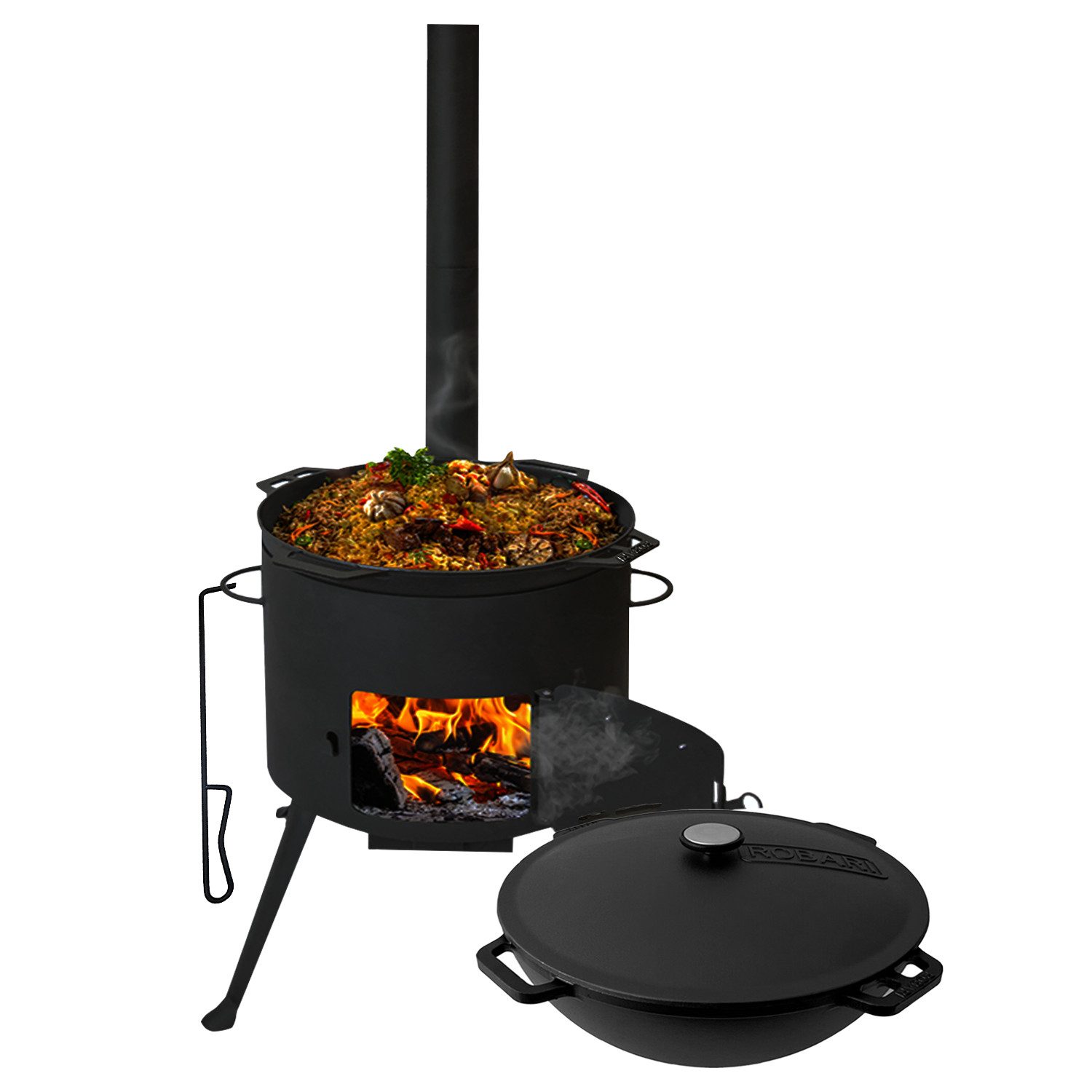 Olymp Handels GmbH Holzkohlegrill Utschak Set mit Kasan 15L Rauchrohr und Deckel aus Gusseisen