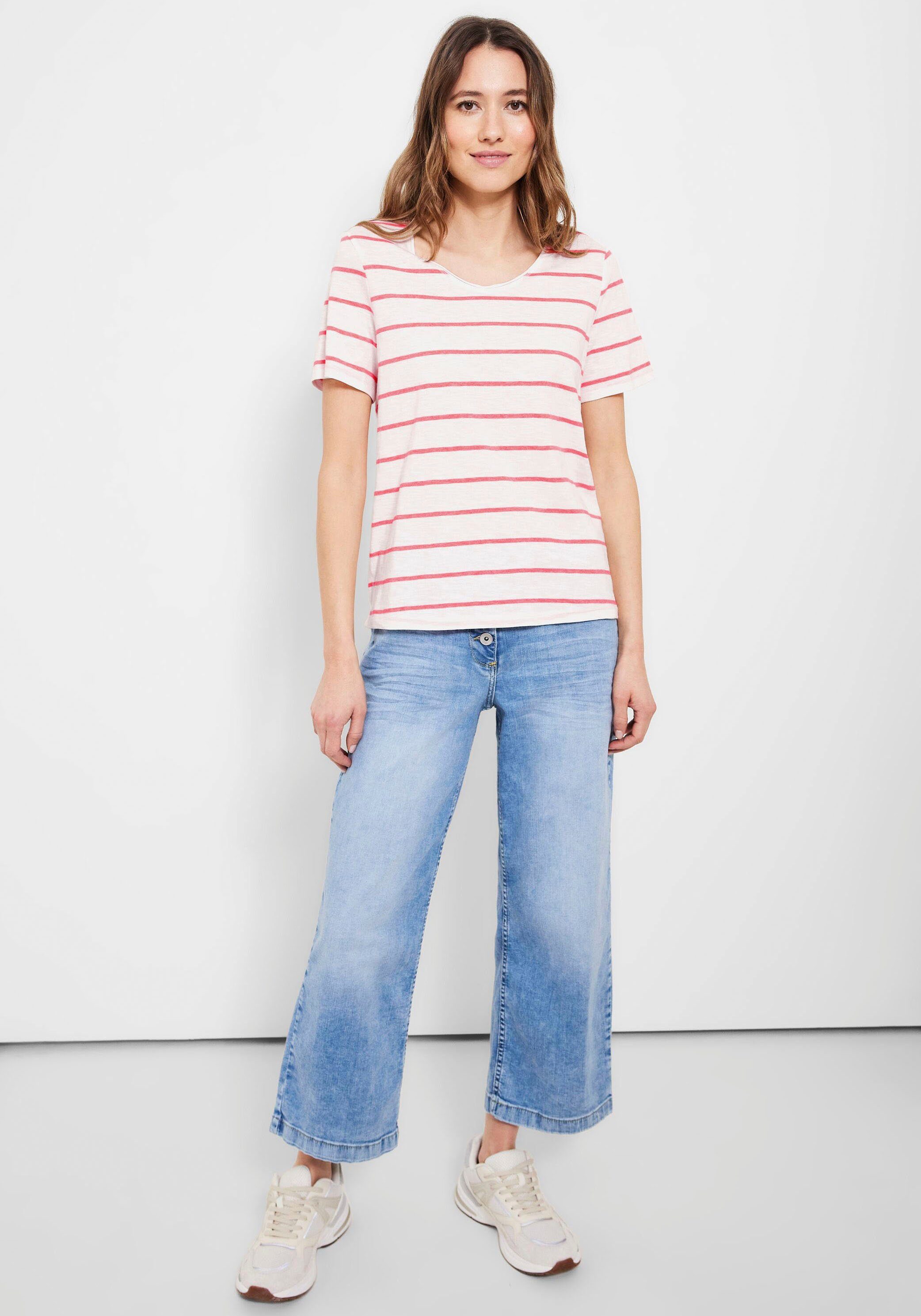 Cecil T-Shirt mit Rollkante bright coral am Ausschnitt