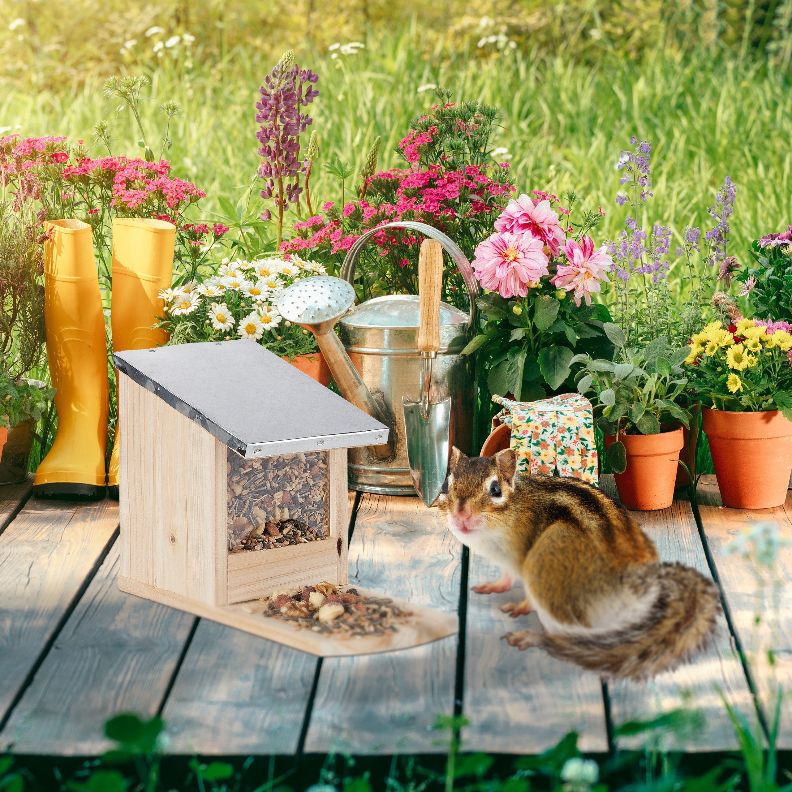 relaxdays Eichhörnchenkobel Eichhörnchen Futterhaus Metalldach, natur