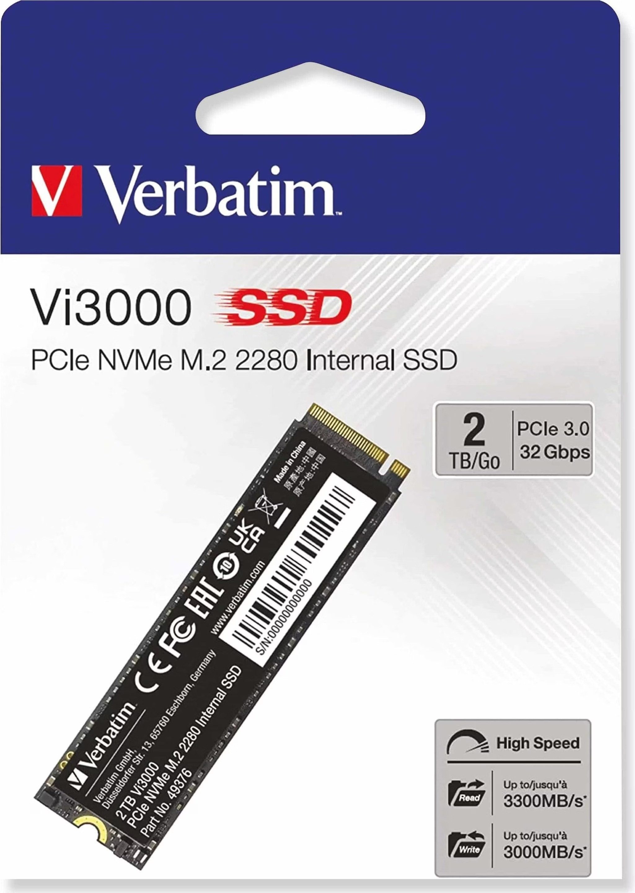 Verbatim Vi3000 2TB SSD M.2 2280 NVMe SSD 2000GB interne SSD (2 TB) M.2" 3100 MB/S Lesegeschwindigkeit, 2200 MB/S Schreibgeschwindigkeit, PCIe NVMe, M.2 2280, 3D NAND, energieeffizientes Design