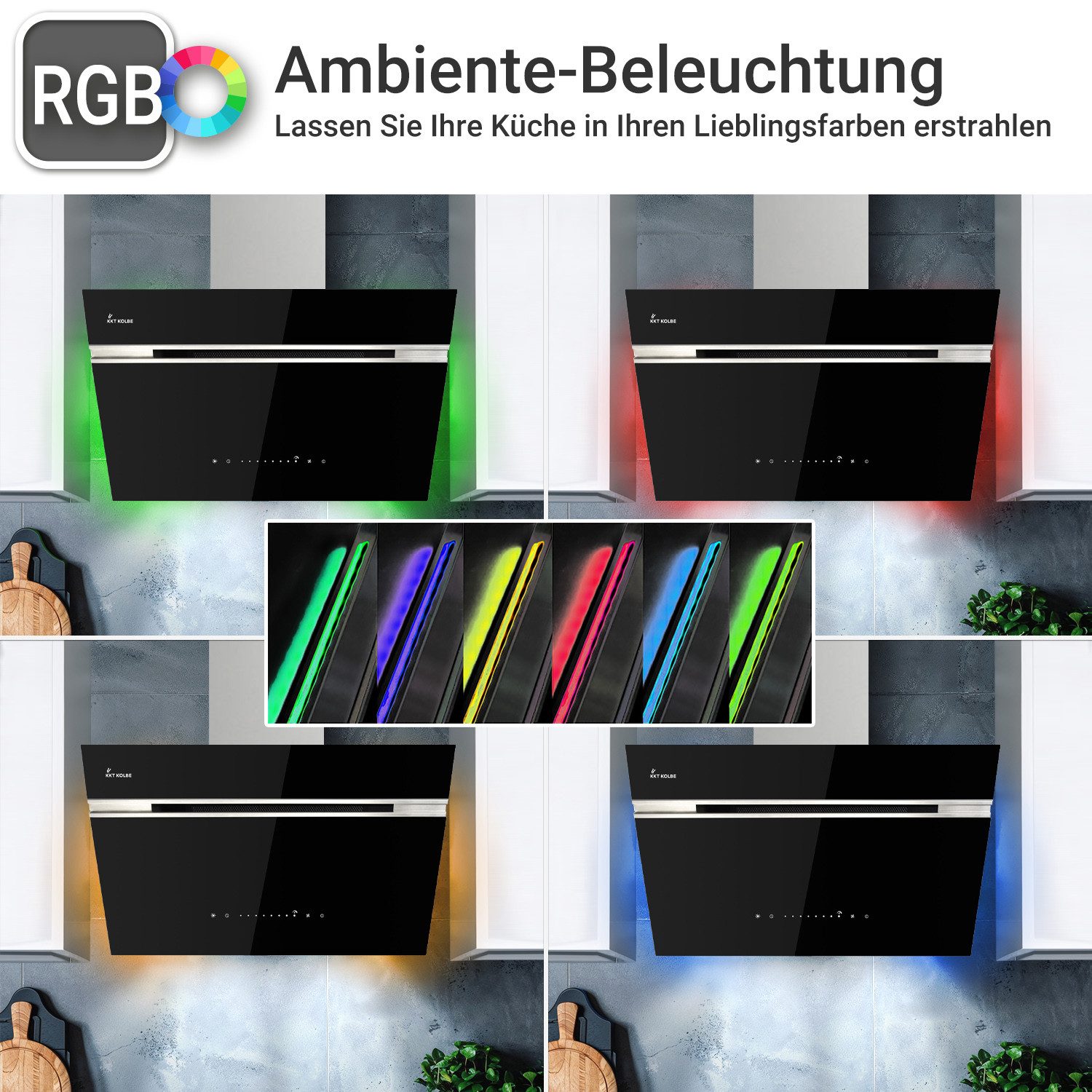 KKT KOLBE Wandhaube Dunstabzugshaube 60cm AURORA6005SE RGBW Ambientebeleuchtung Dunstabzugshaube 60cm AURORA6005SE RGBW Ambientebeleuchtung, Kopffreihaube / Umluft / Abluft / Smarte WiFi-App / Schwarz / Glas