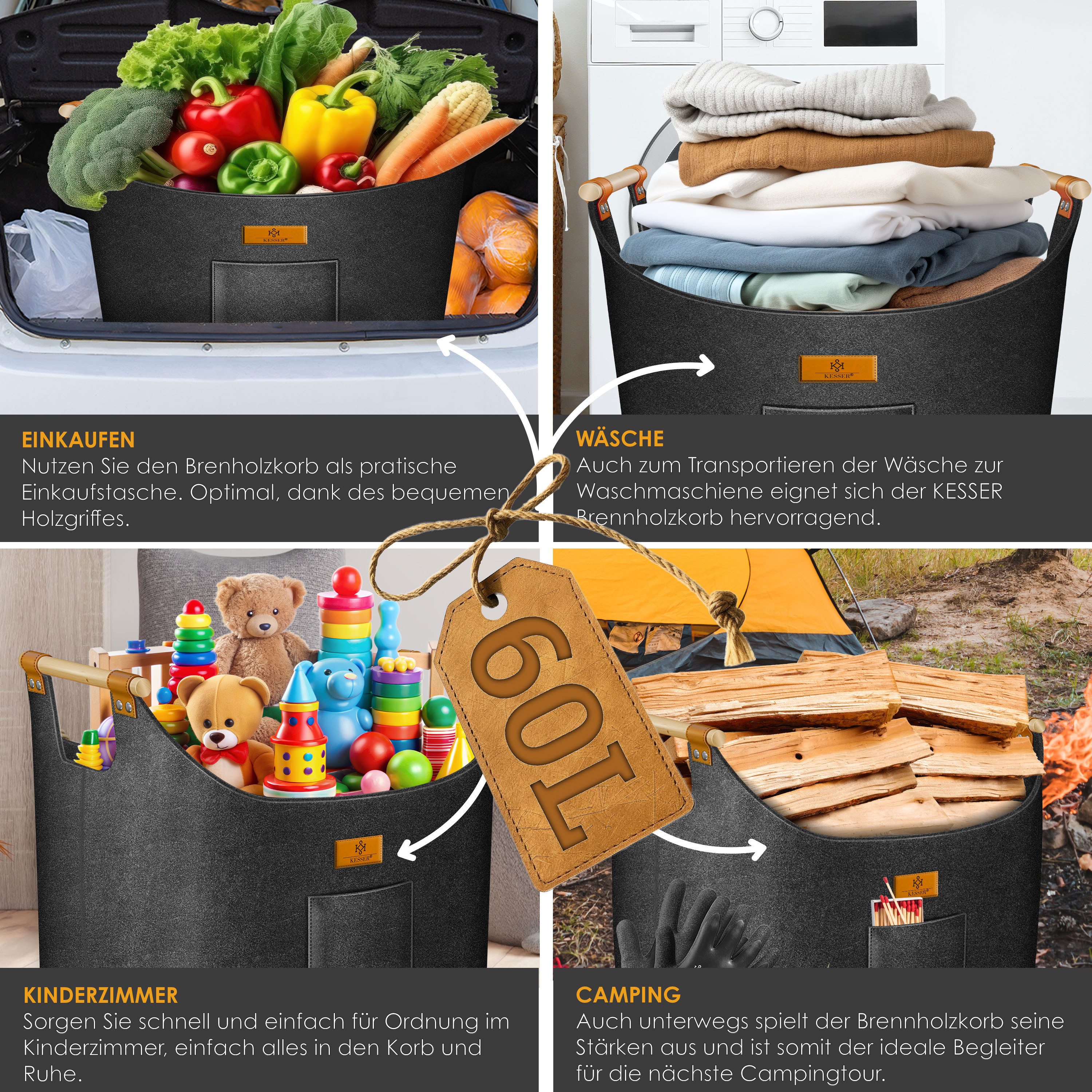 KESSER Kaminholzkorb XL – 60/90 L Volumen, rutschfeste Holzgriffe, Vielseitig nutzbar als Kaminkorb, Einkaufs-, oder Wäschekorb, 700 g/m² – Bild 4 von 5