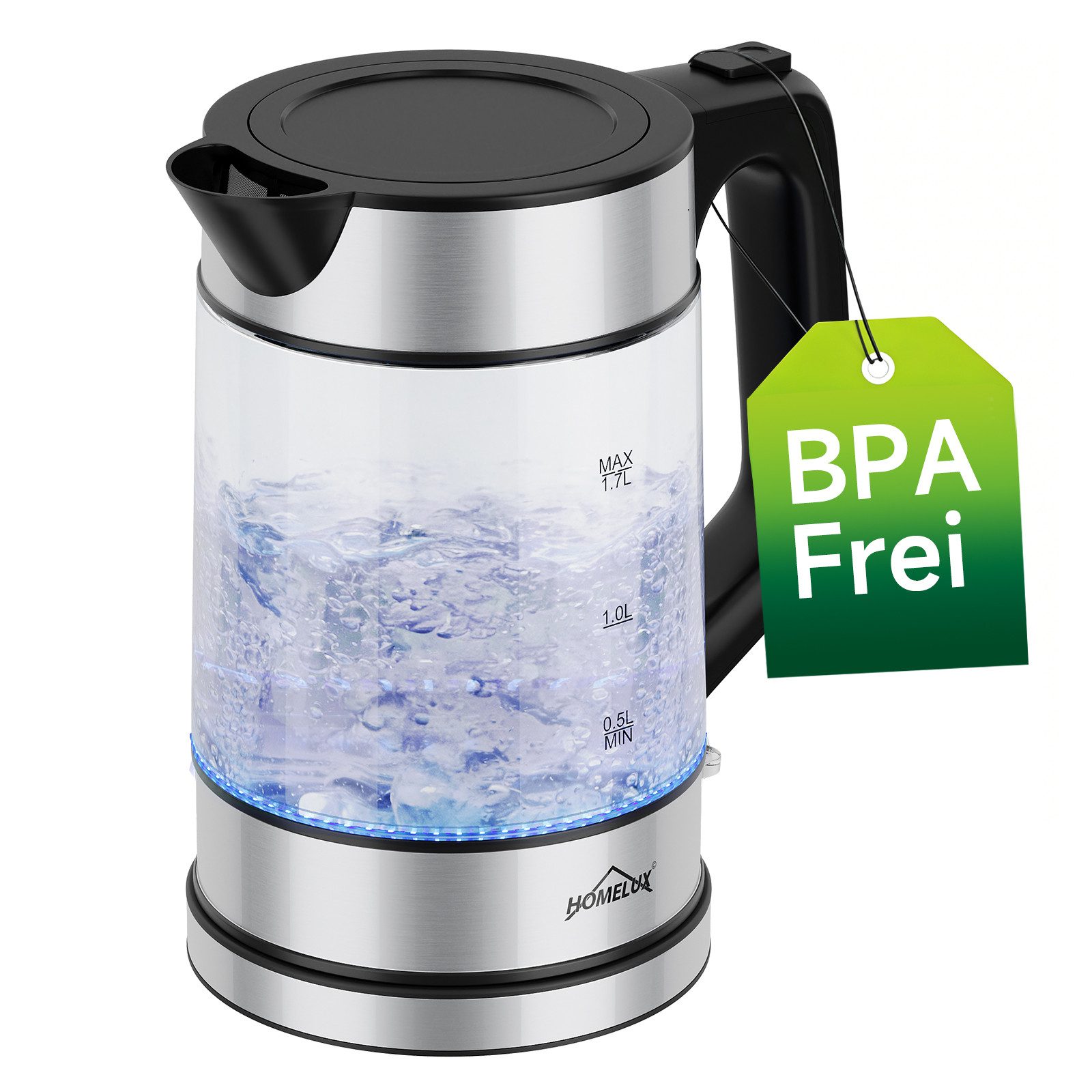 HOMELUX Wasserkocher Glas 1.7L Glaswasserkocher Mit Led-Beleuchtung Abschaltautomatik, 1.7 l, 2200 W, Glaswasserkocher mit Kalkfilter, Trockenlauf, BPA-Frei
