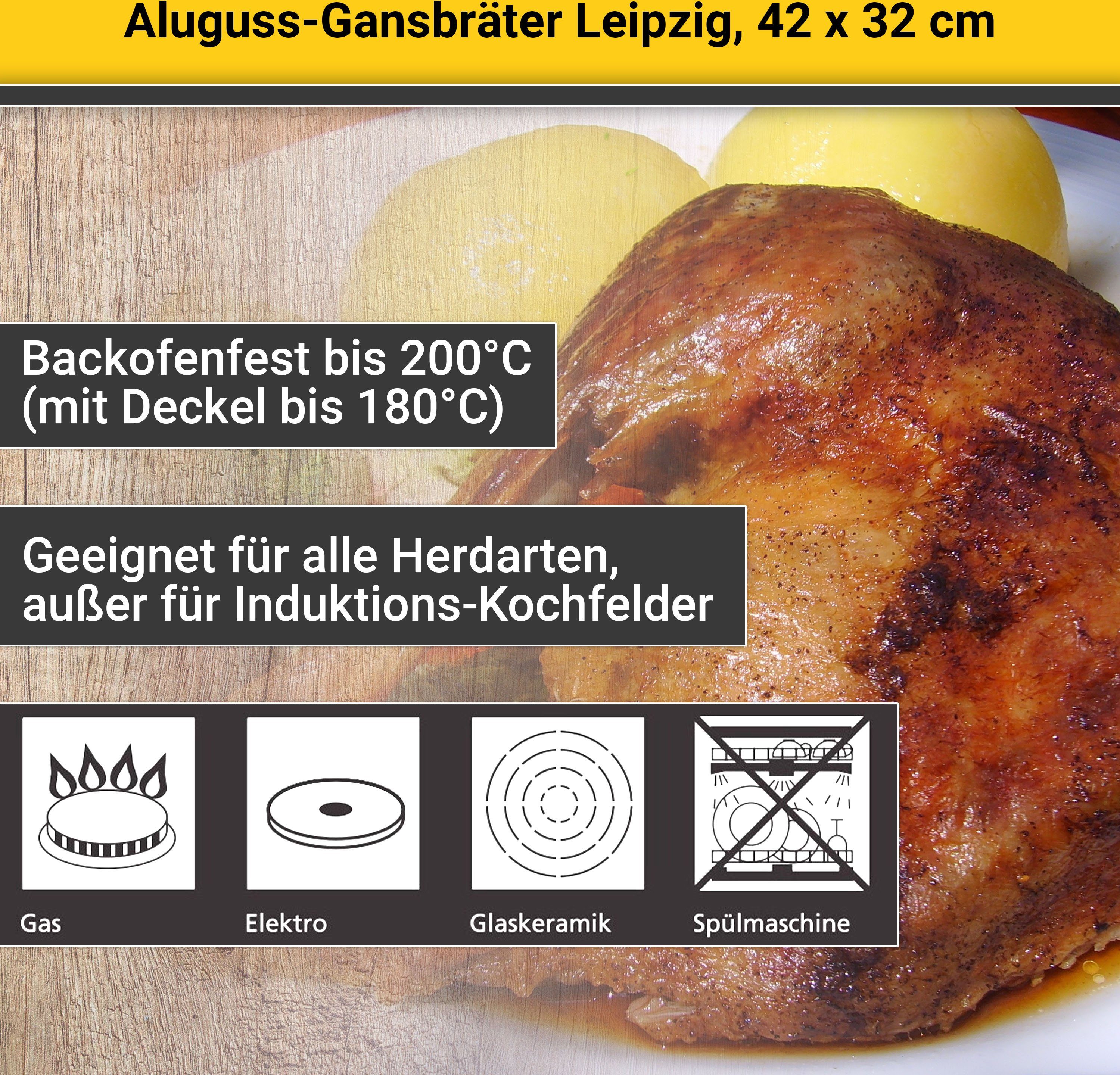 Krüger Bräter Aluguss Gansbräter mit Glasdeckel und Aromaknopf LEIPZIG, 42x32x14 cm, Aluminiumguss (1-tlg), hochwertige Antihaft-Versiegelung