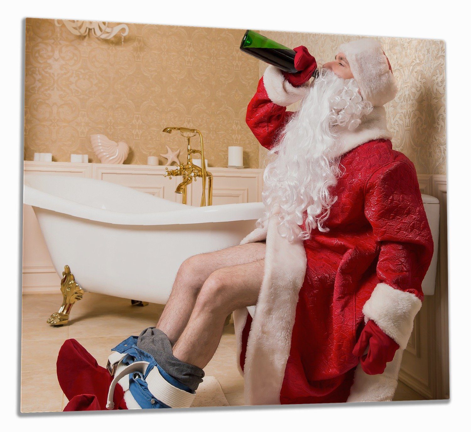 Wallario Herd-Abdeckplatte Betrunkener Weihnachtsmann mit Weinflasche auf dem Klo, ESG-Sicherheitsglas, (Glasplatte, 1 tlg., inkl. 5mm Noppen), verschiedene Größen