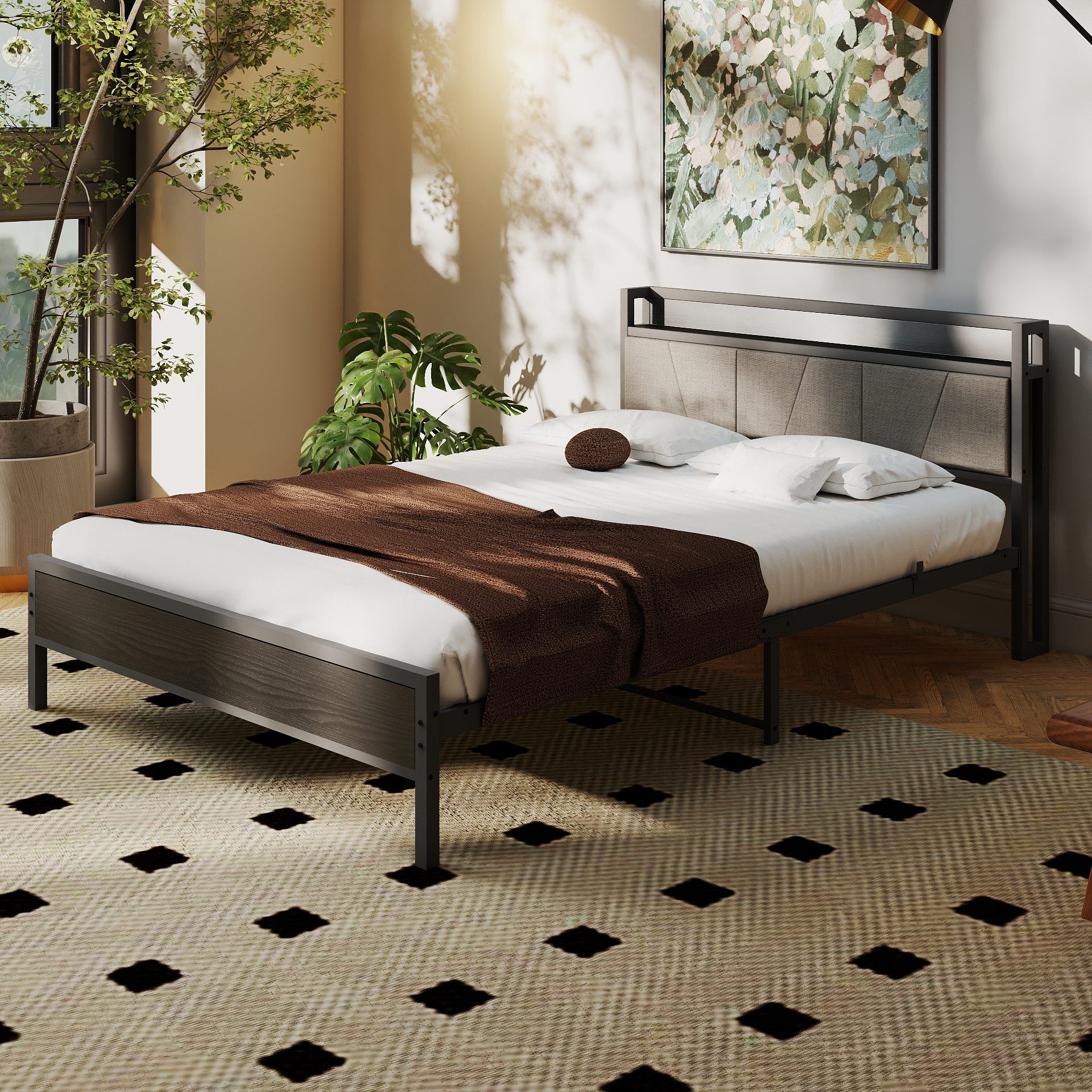 REDOM Metallbett Stauraum-Kopfteil (Einfach zu montieren, kostengünstige Wahl, Metallbett mit 1 Steckdosen, 2 USB-Ladeanschlüssen), 140x200cm,ohne Matratze