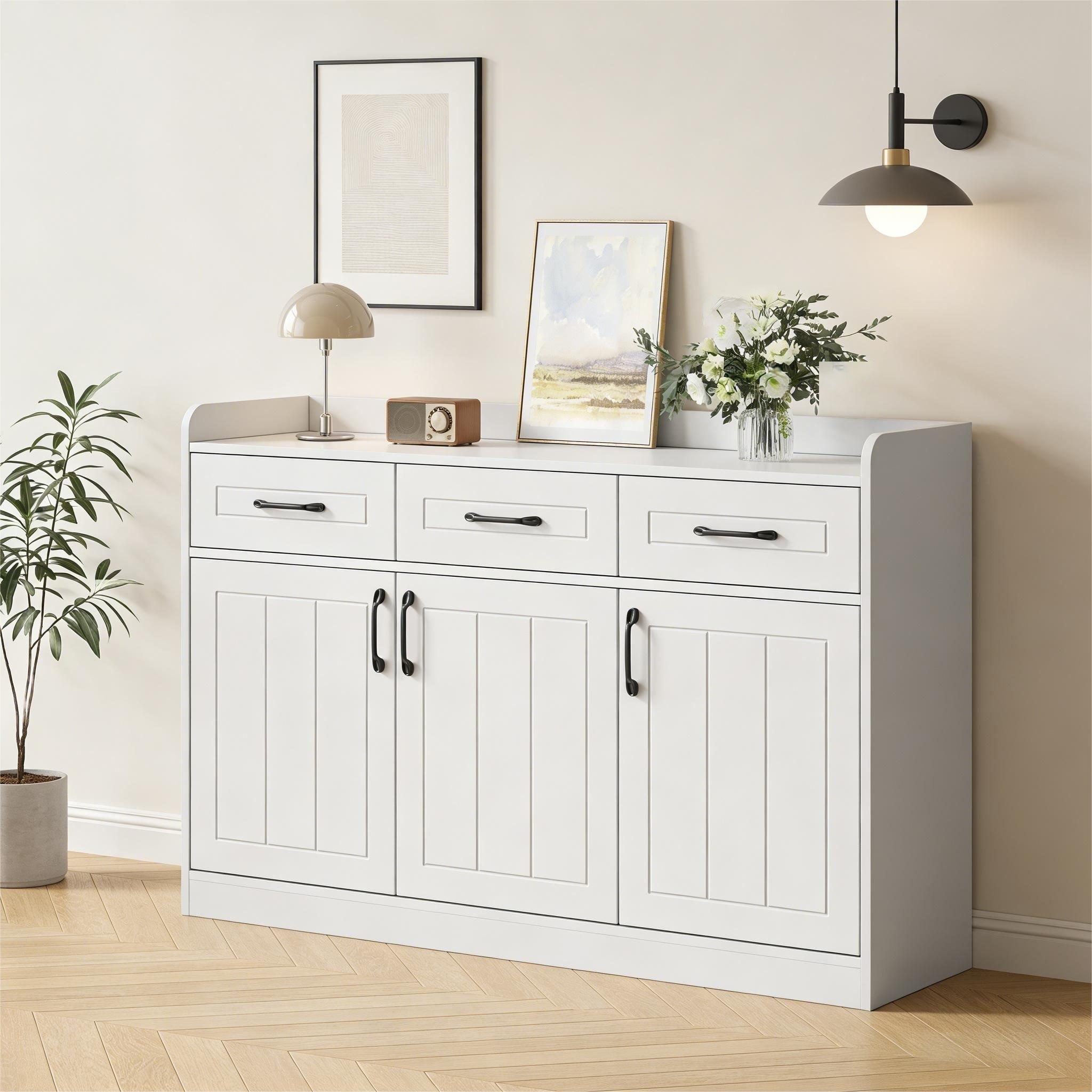 Merax Sideboard mit Verstellbaren Einlegeböden (120 x 35 x 80 cm, 1 St), Wohnzimmerschrank mit 3 Schubladen, 3 Türen & Stauraum,Schrank,Kommode – Bild 3 von 5
