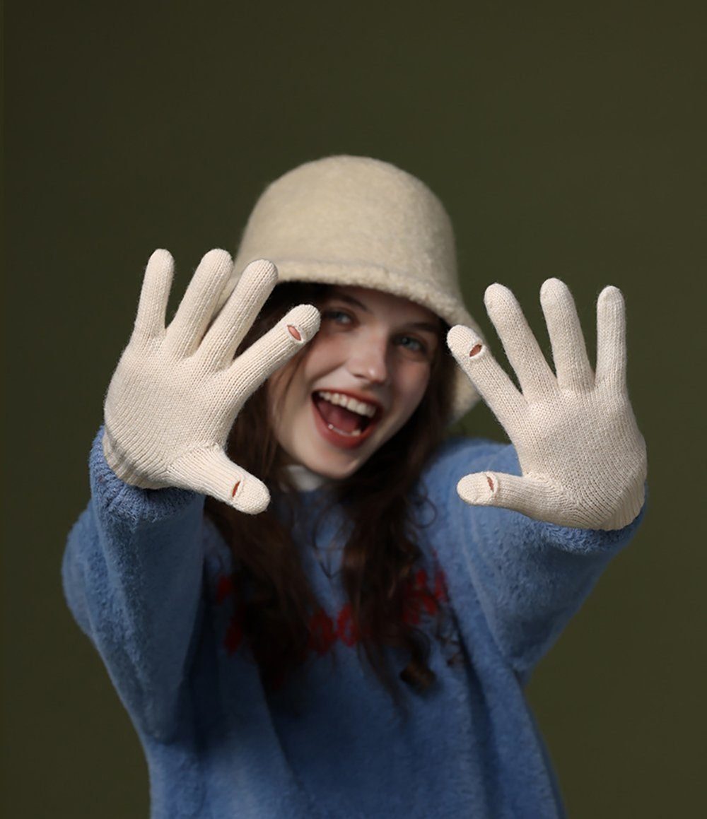 LENBEST Fäustlinge Gestrickte Handschuhe mit Finger Touchscreen Beige Flip Outdoor für