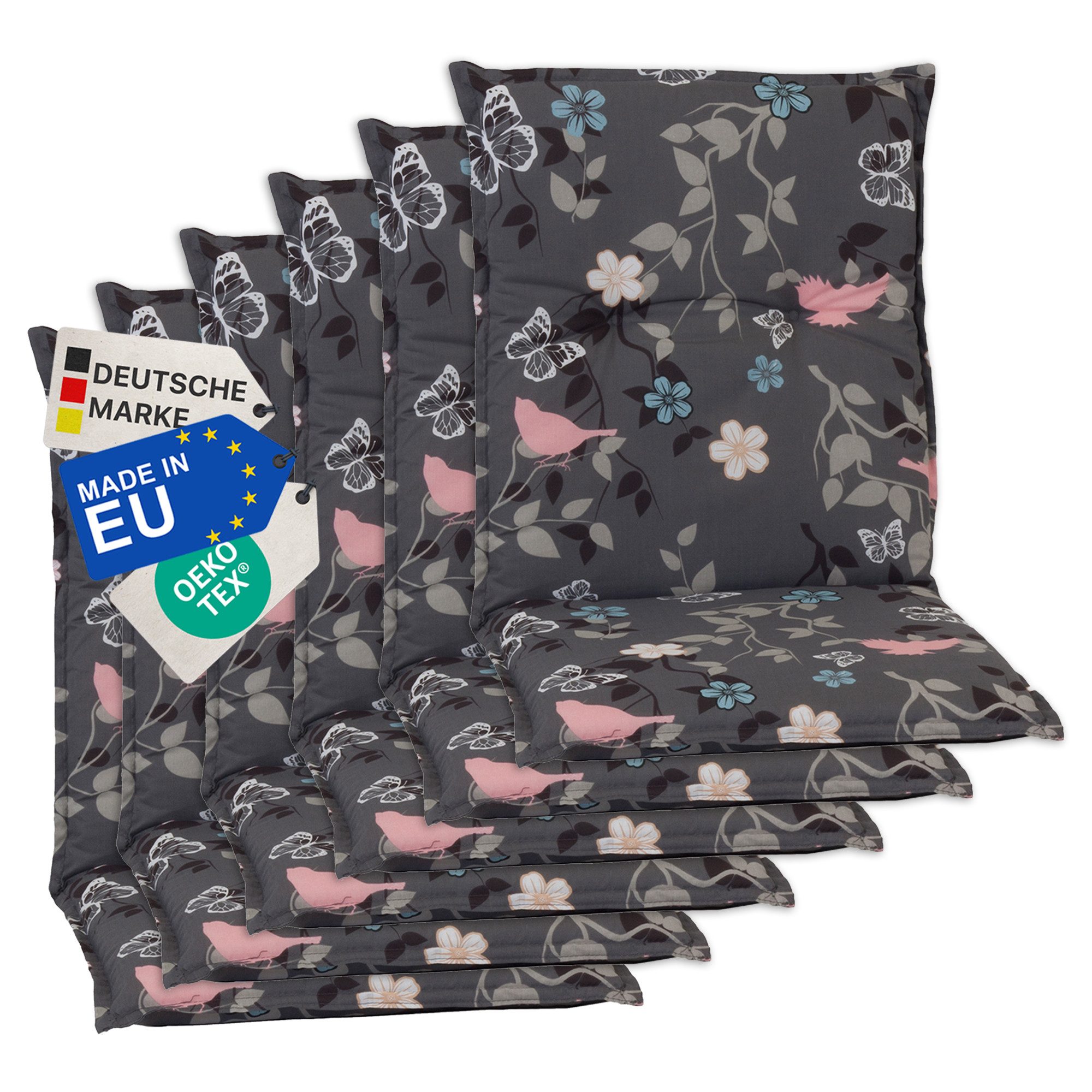 NYVI Sitzauflage Niedriglehner Auflagen 6er Set Barcelona Gartenstuhlauflagen 100x50cm, (6 St), Niederlehner Stuhlauflage Sitzauflage mit Halteband Blumen Floral