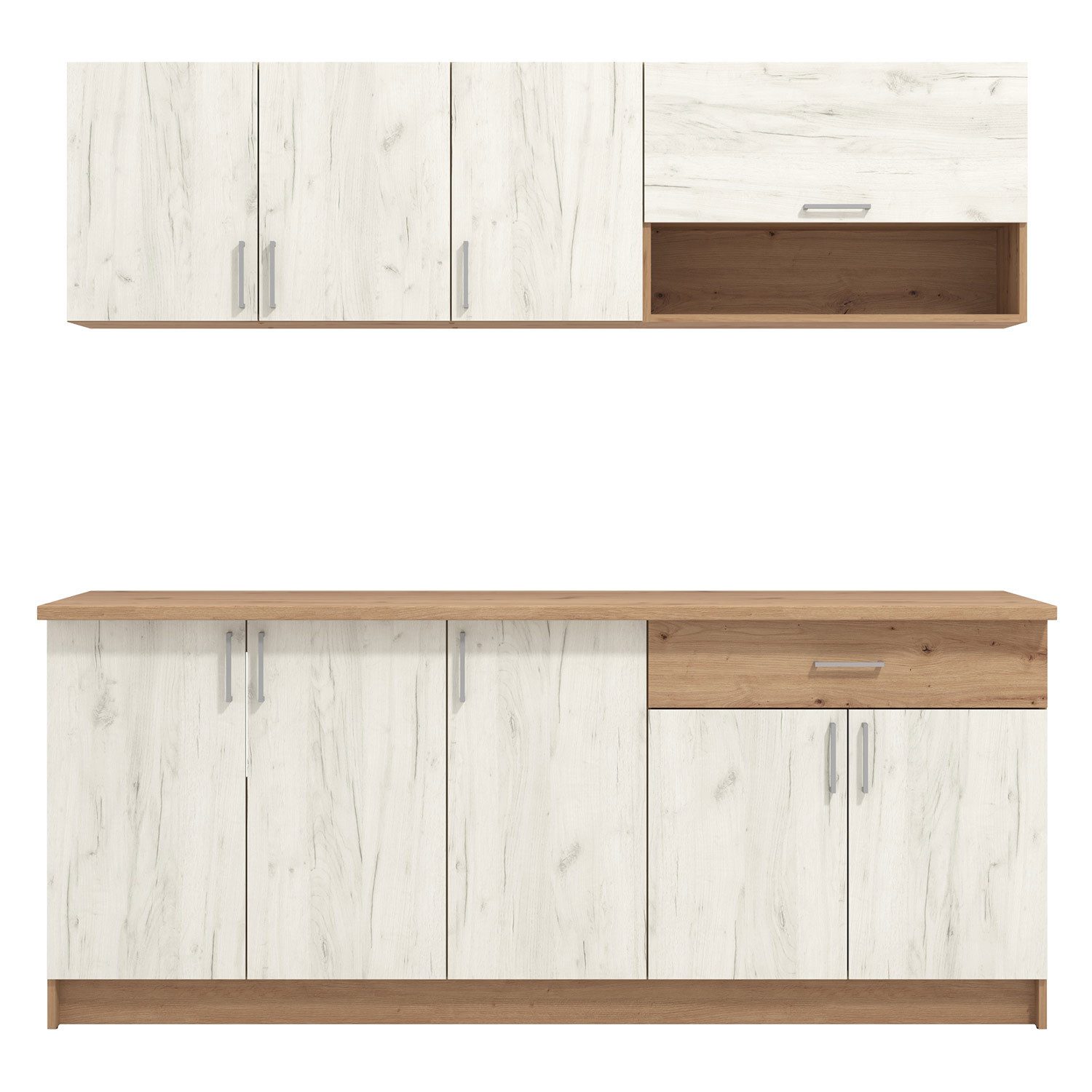 Homestyle4u Küchenzeile 200 cm Weiß & Shabby Eiche Einbauküche ohne Geräte mit Oberschränken, (Oberschränke, Unterschränke), modern