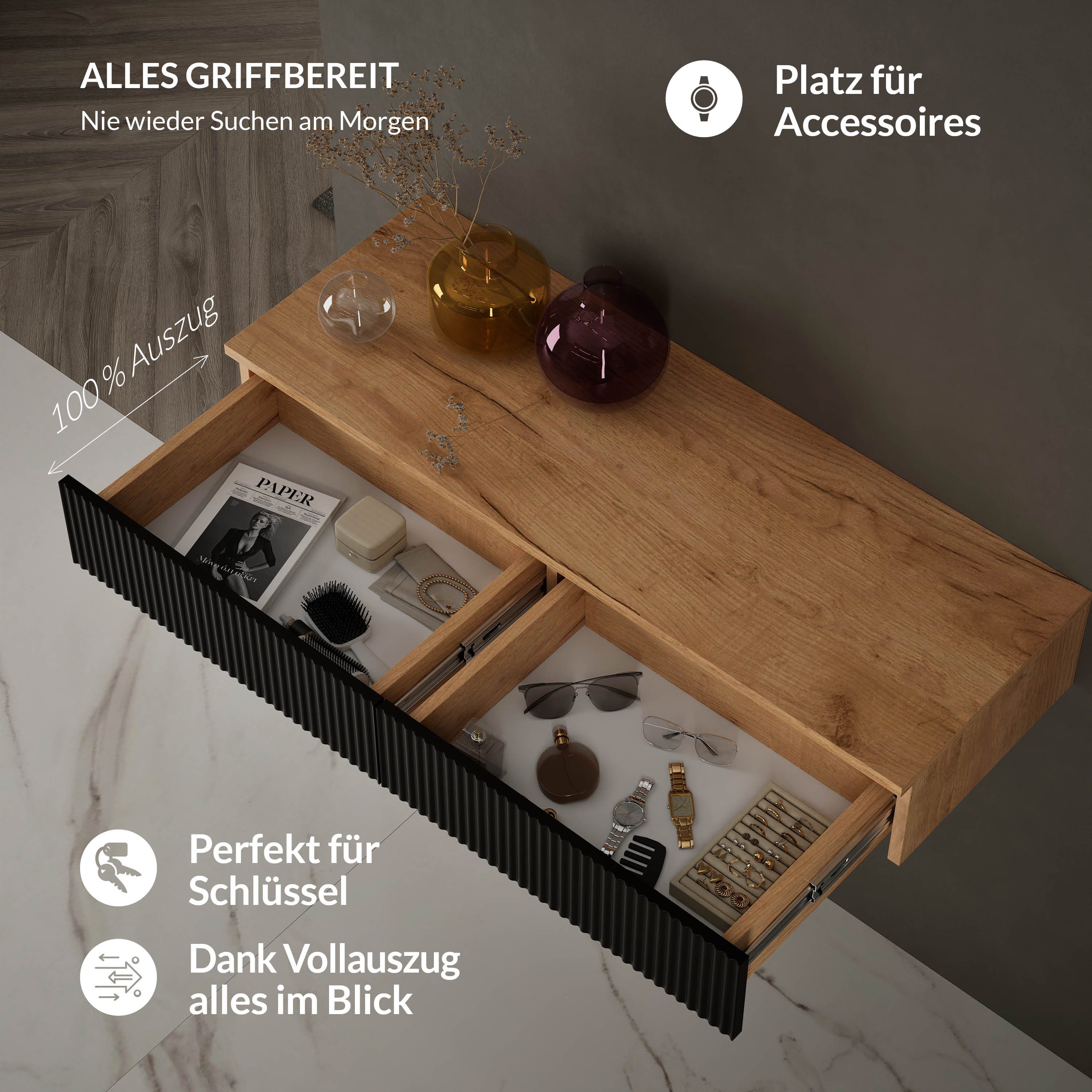 Planetmöbel Konsolentisch AMYRA Flurtisch 100 cm, VELUNA Spiegel mit Beleuchtung 60 - 100 cm (Konsolentisch 100 cm, 2-St., inkl. Spiegel mit Beleuchtung rund 80x80 cm), Wandkonsole & Wandspiegel Flur Set