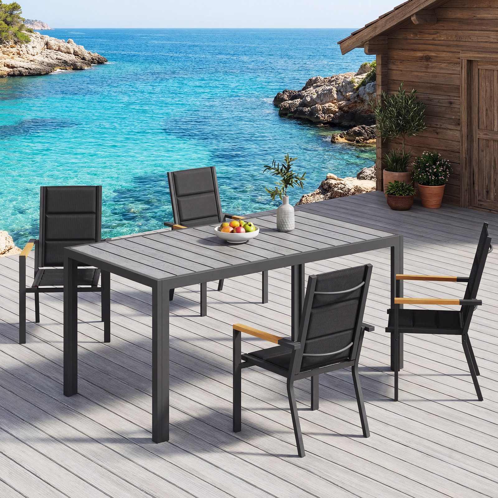 HOMALL Gartentisch Holzoptik Esszimmertisch 100kg Belastbarkeit, für 4-10 Personen (150/180cm Garten-Esstisch wetterfest Aluminiumrahmen Verstellbare Füße, für Außenbereich)