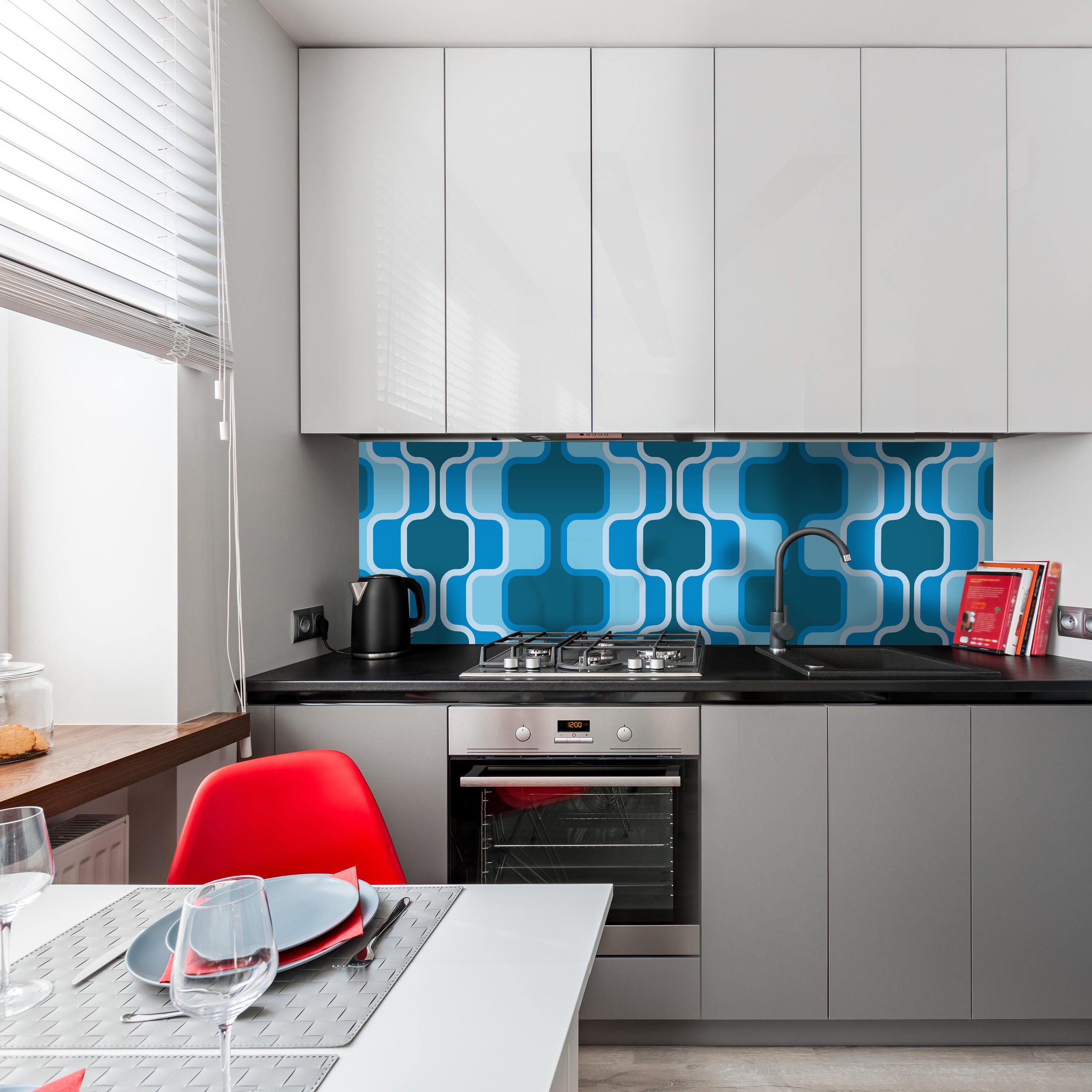 wandmotiv24 Küchenrückwand Retromuster Blau Nischenrückwand in Muster, Premium Hartschaum Größen versch. (1-tlg)