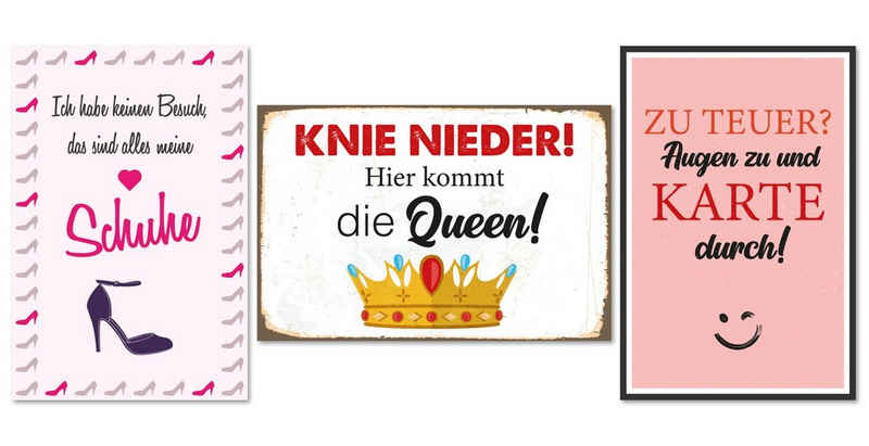 queence Metallschild Queen Schuhe Sprüche Rosa Pink - 3er-Set - 3x 20x30x0,1cm, (3er-Set), mit Lochbohrung - Blechschild - Stahlschild