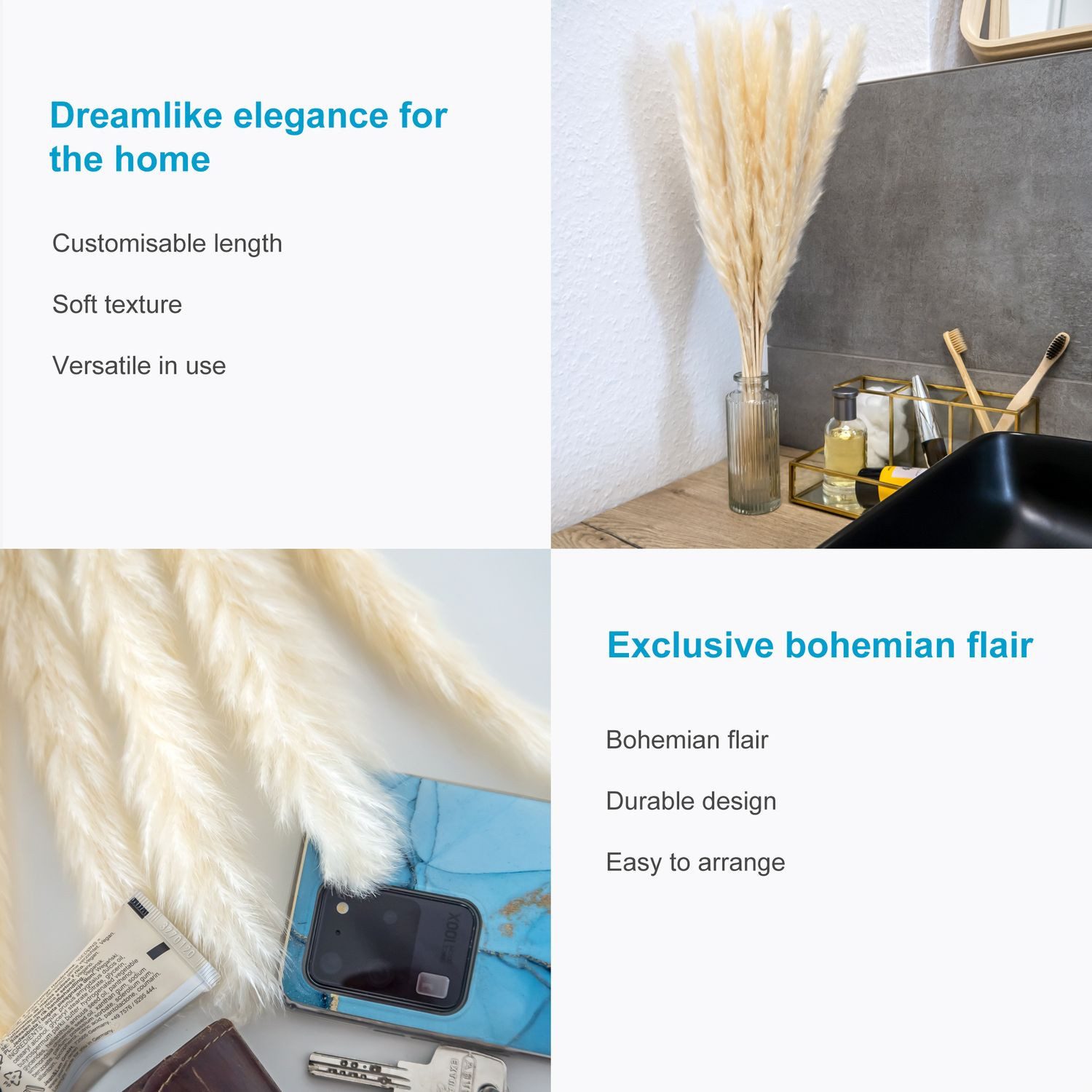 Trockenblume, Intirilife, Höhe 5 cm, Pampasgras 30 Stück Weiß Trockenblume Schilfgras Deko Blume